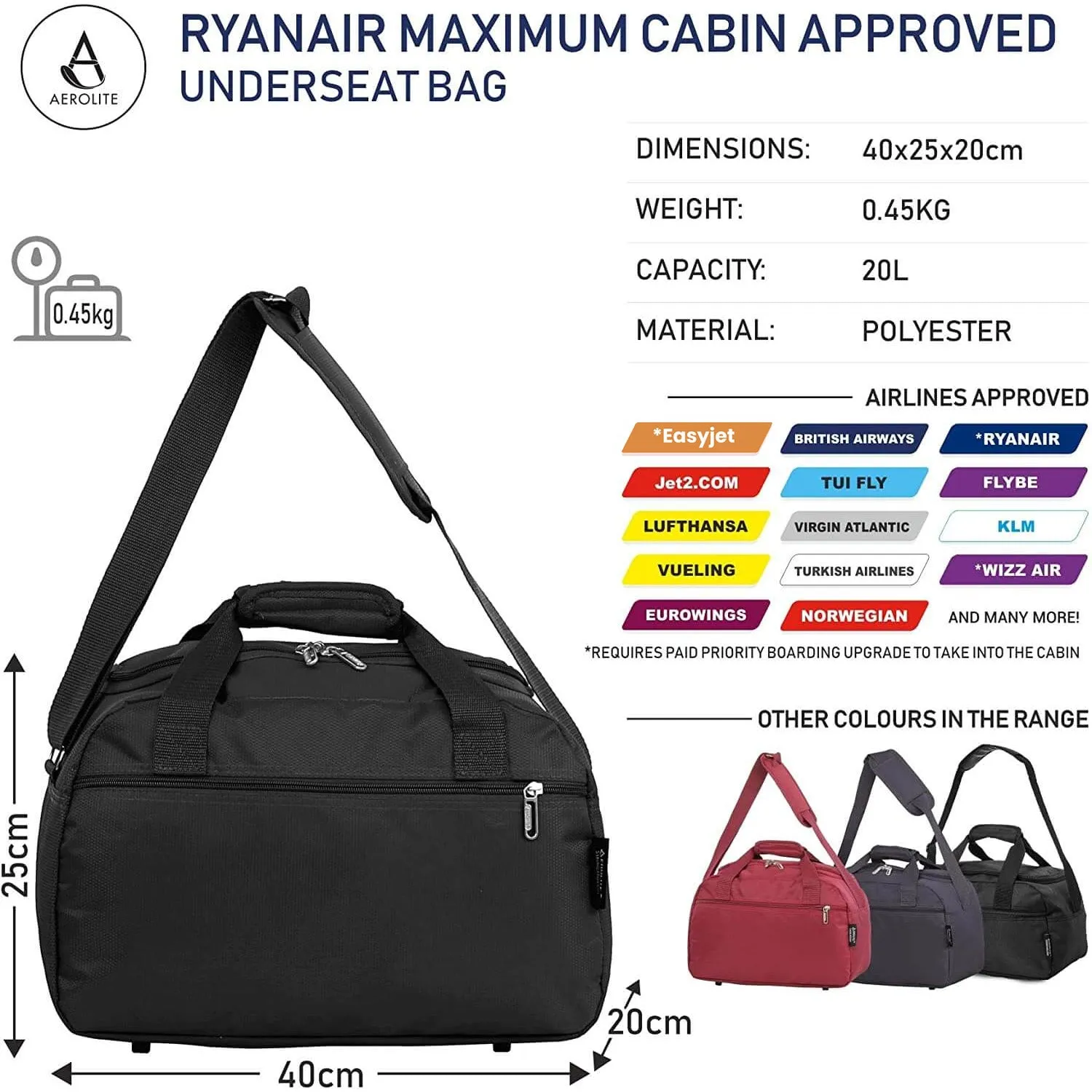 Aerolite Ryanair Bundle (55x35x20cm) Lightweight ABS Hard Shell Travel Carry On Cabin Suitcase   (40x20x25cm) Ryanair MAXIMUM Sized Holdall Cabin Bag