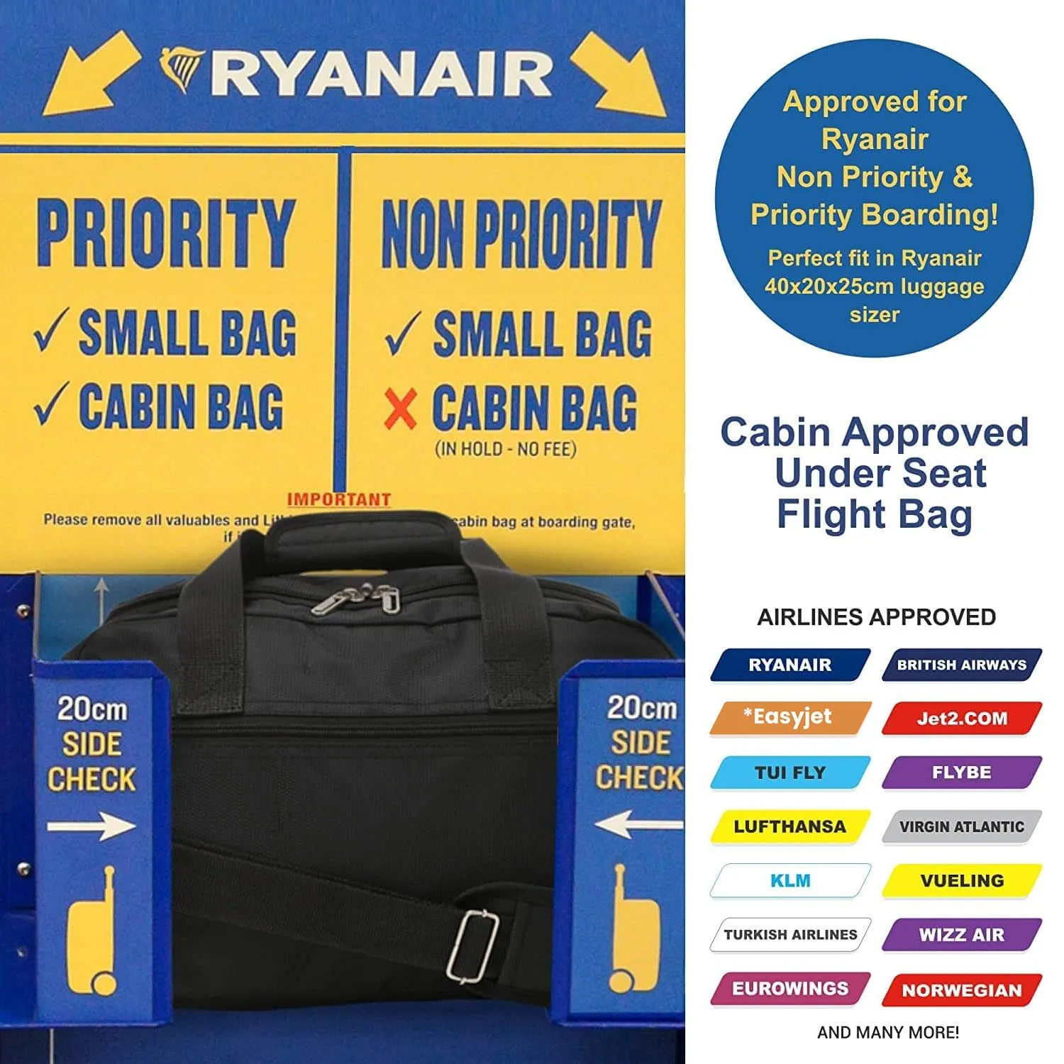 Aerolite Ryanair Bundle (55x35x20cm) Lightweight ABS Hard Shell Travel Carry On Cabin Suitcase   (40x20x25cm) Ryanair MAXIMUM Sized Holdall Cabin Bag