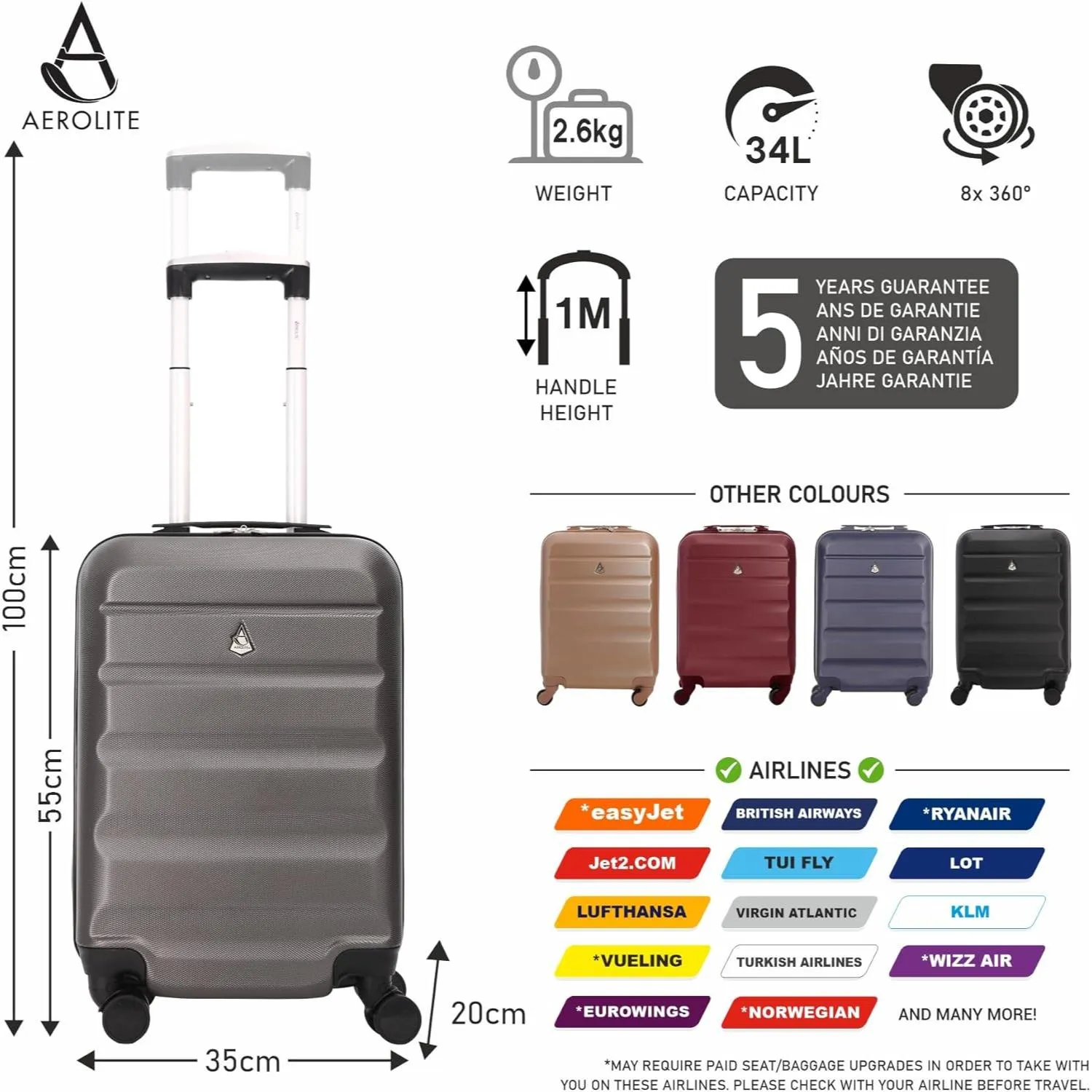 Aerolite Ryanair Bundle (55x35x20cm) Lightweight ABS Hard Shell Travel Carry On Cabin Suitcase   (40x20x25cm) Ryanair MAXIMUM Sized Holdall Cabin Bag