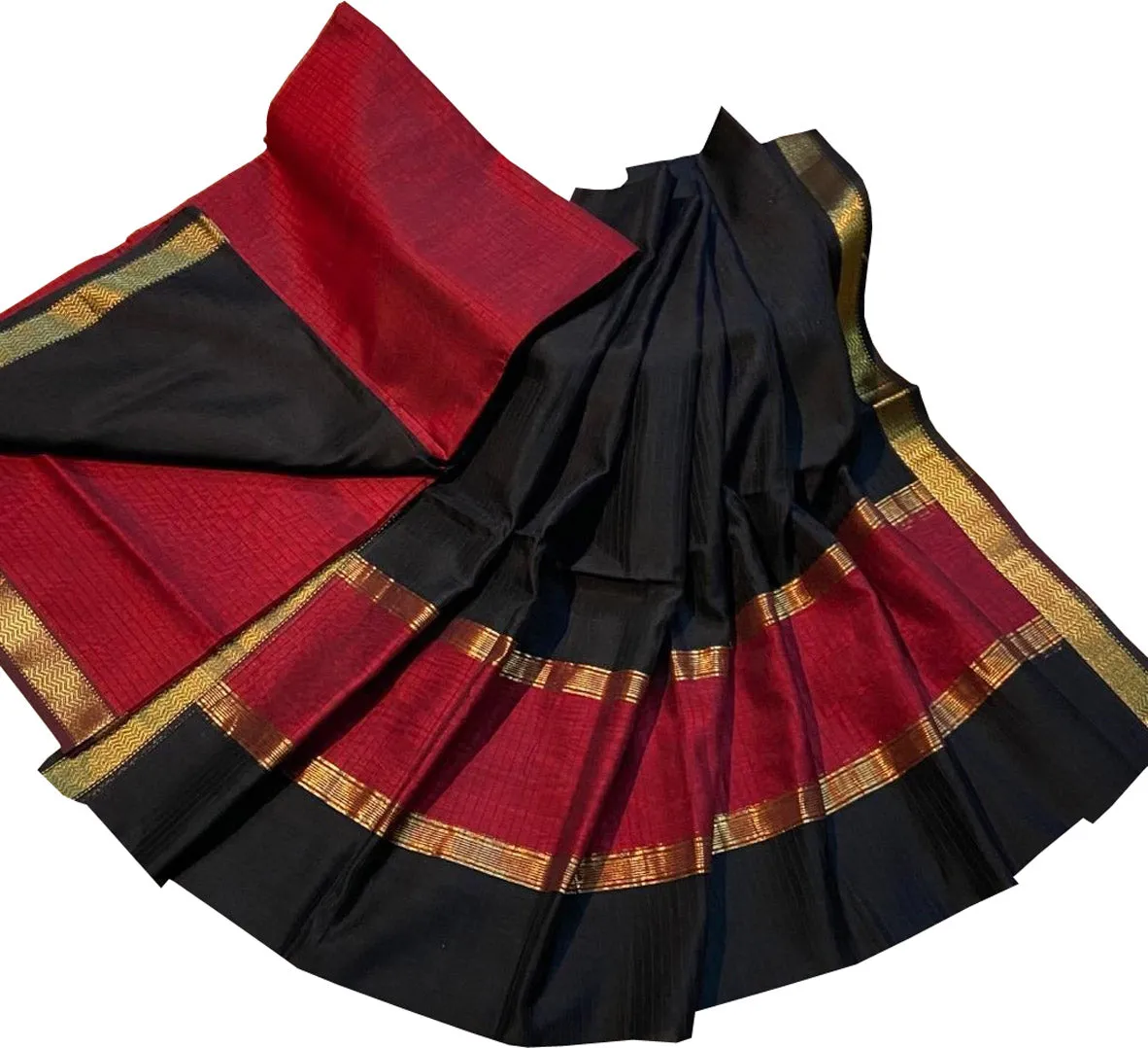 Black And Red Maheshwari Silk Cotton Three Piece Unstitched Suit Set