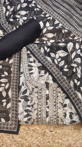 Black and white Crepe Unstitched Suit With Digital Print and Handwork