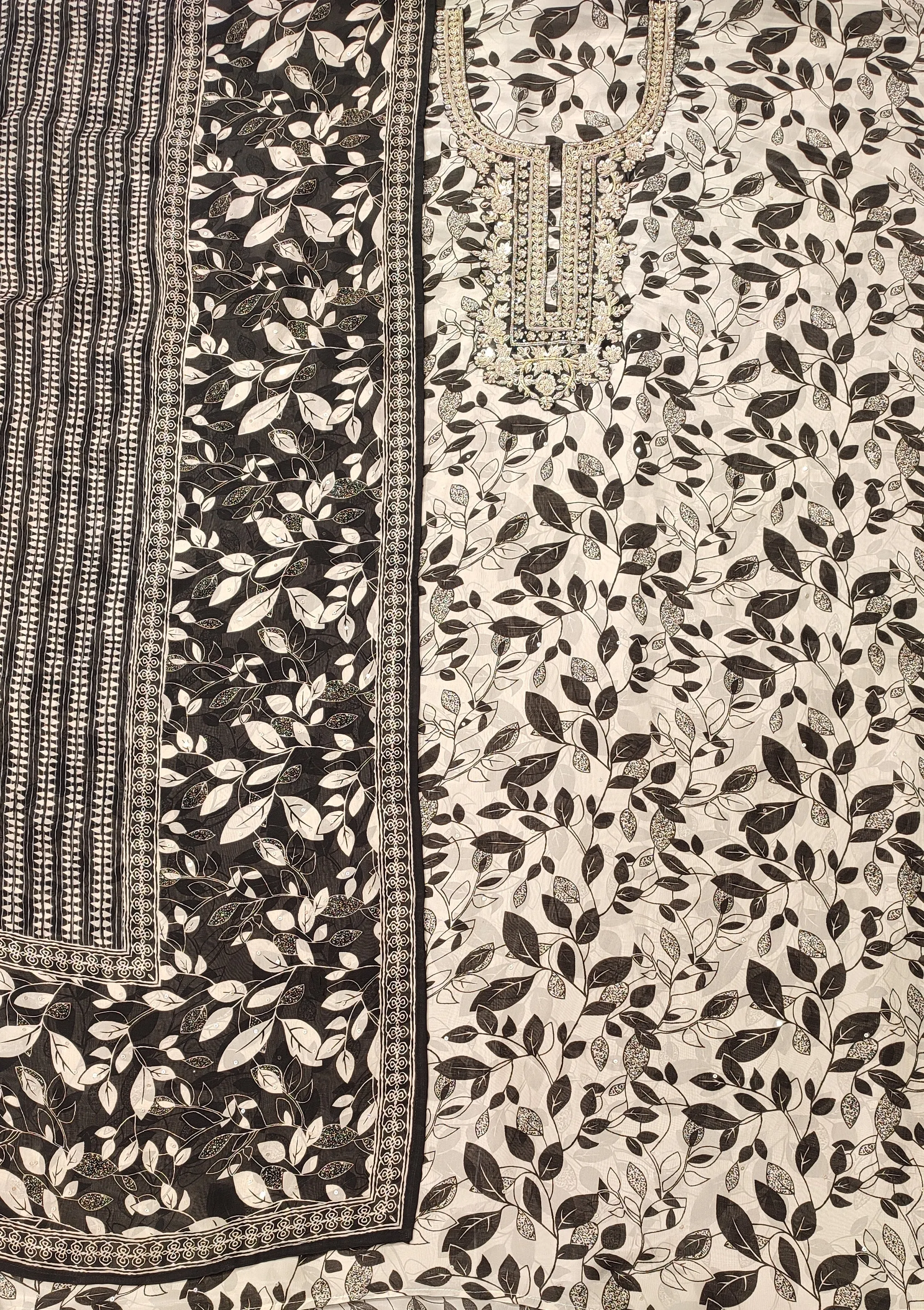 Black and white Crepe Unstitched Suit With Digital Print and Handwork