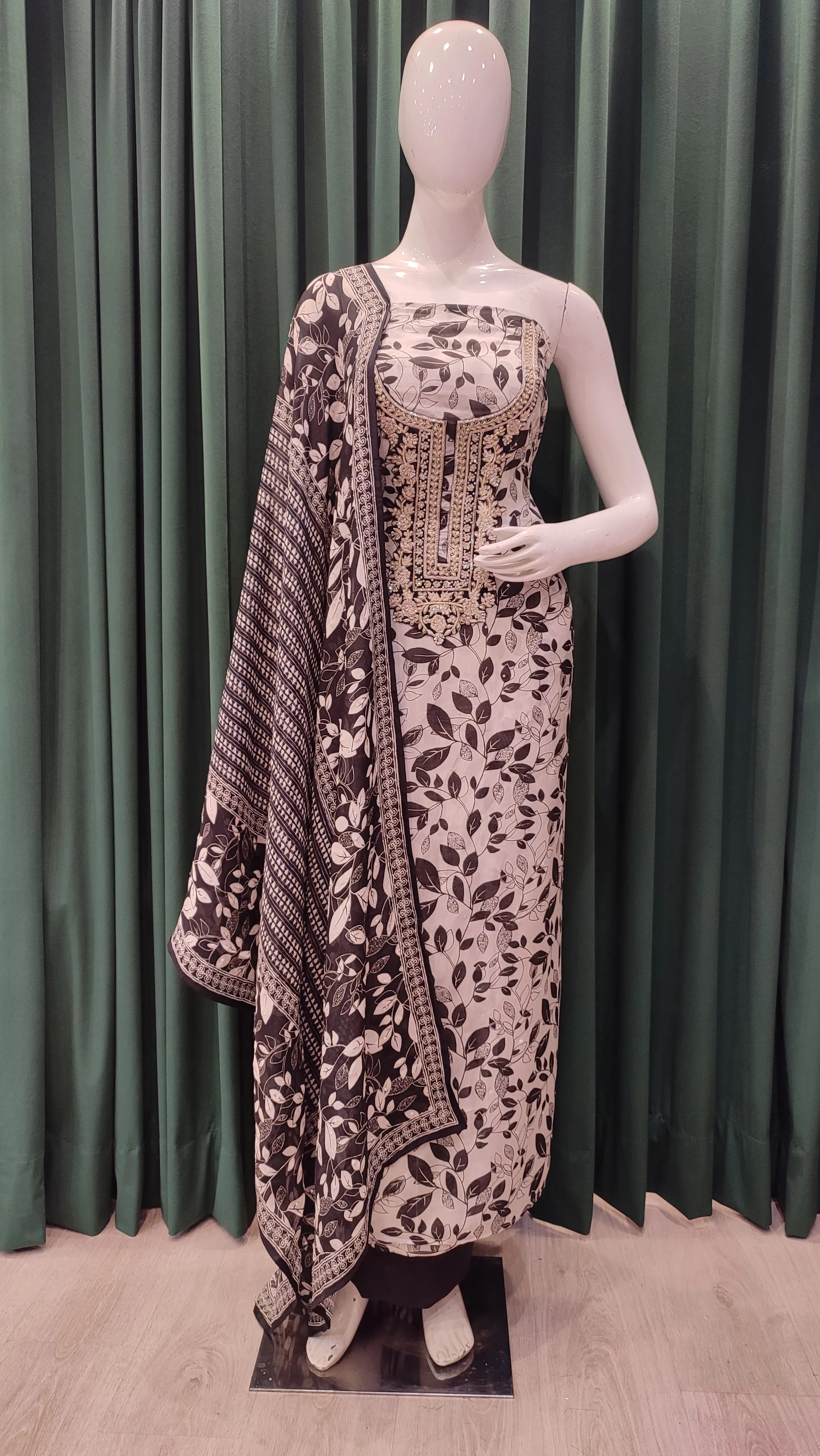 Black and white Crepe Unstitched Suit With Digital Print and Handwork