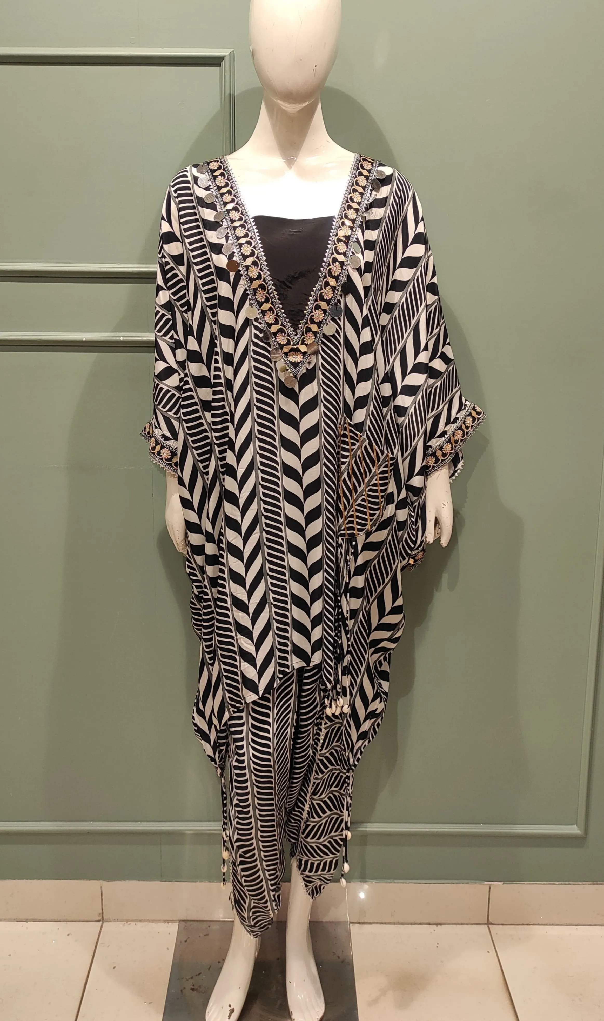 Black and White Printed Dhoti Set