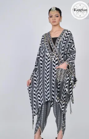 Black and White Printed Dhoti Set
