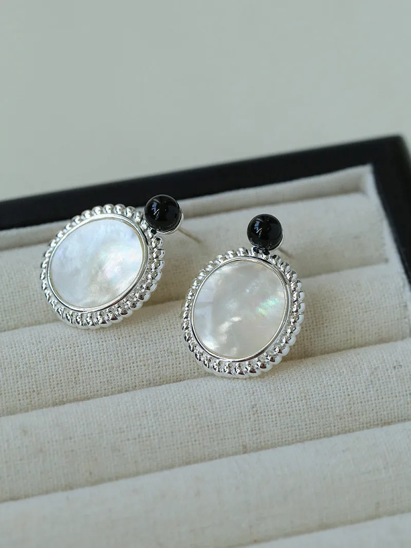 Black Onyx Oval White Shell Earrings