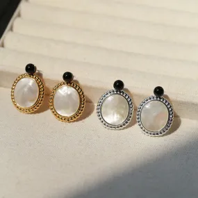 Black Onyx Oval White Shell Earrings