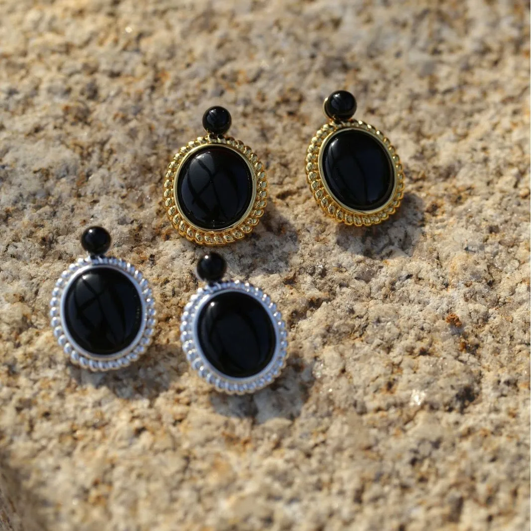 Black Onyx Oval White Shell Earrings