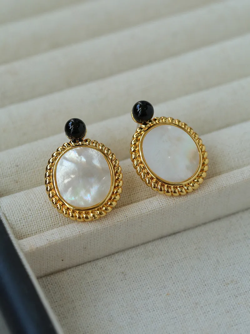 Black Onyx Oval White Shell Earrings
