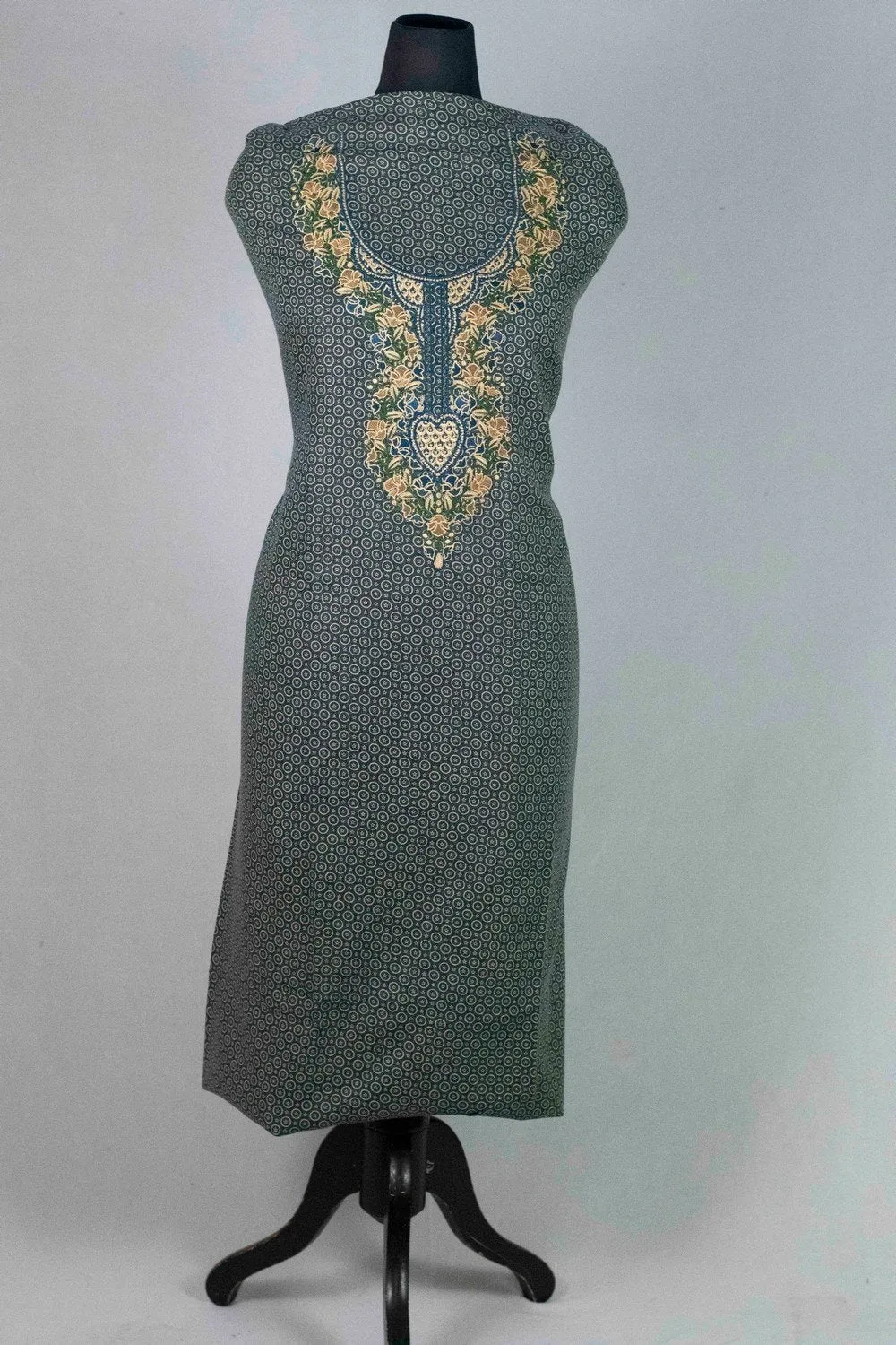 Blue Colour Woolen Kani Printed Suit With Neck And Over All Magical Print Provide Elegance.
