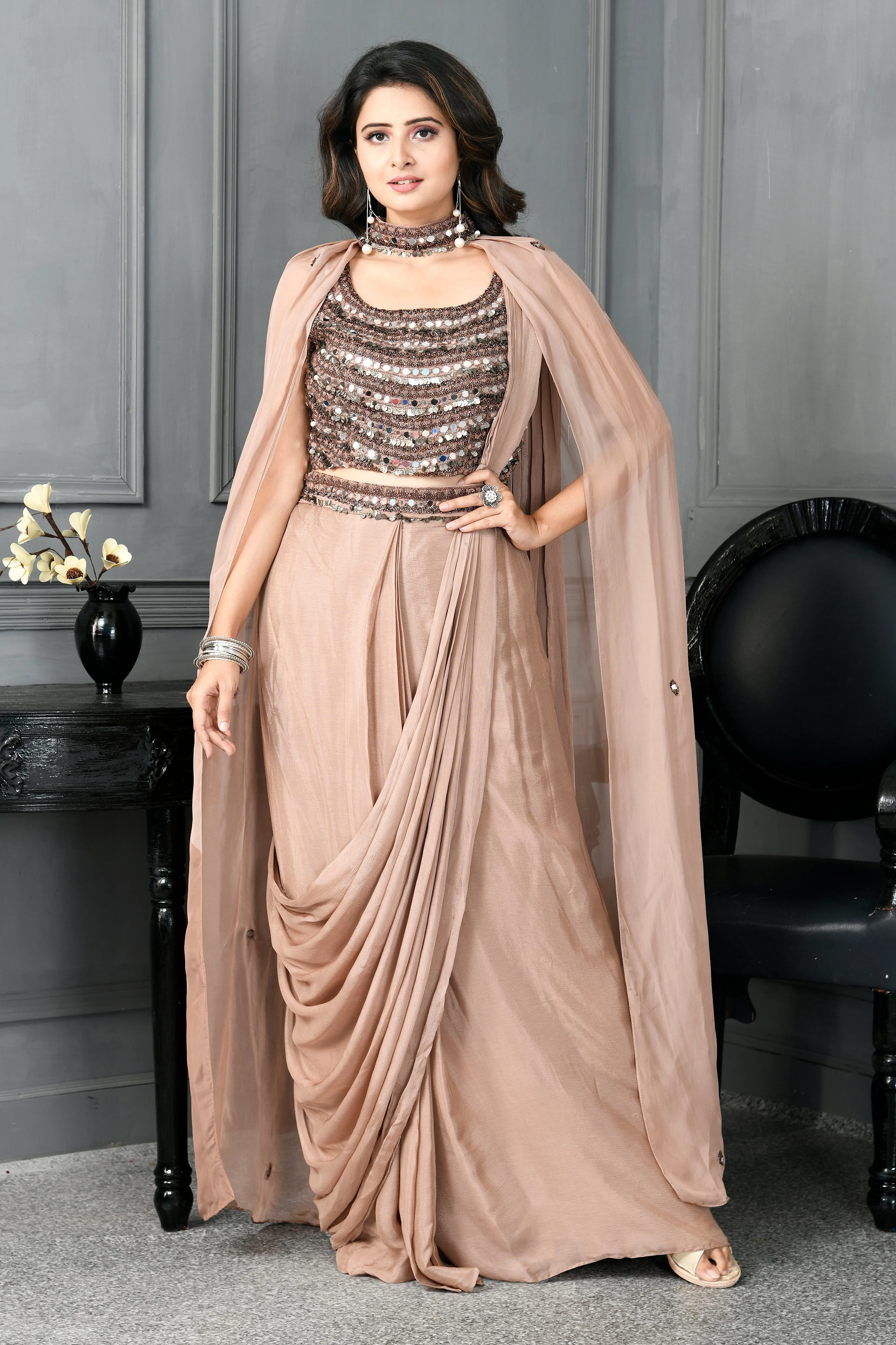 Chinon Drape Saree with Mirror Work,Patra Work and Cape