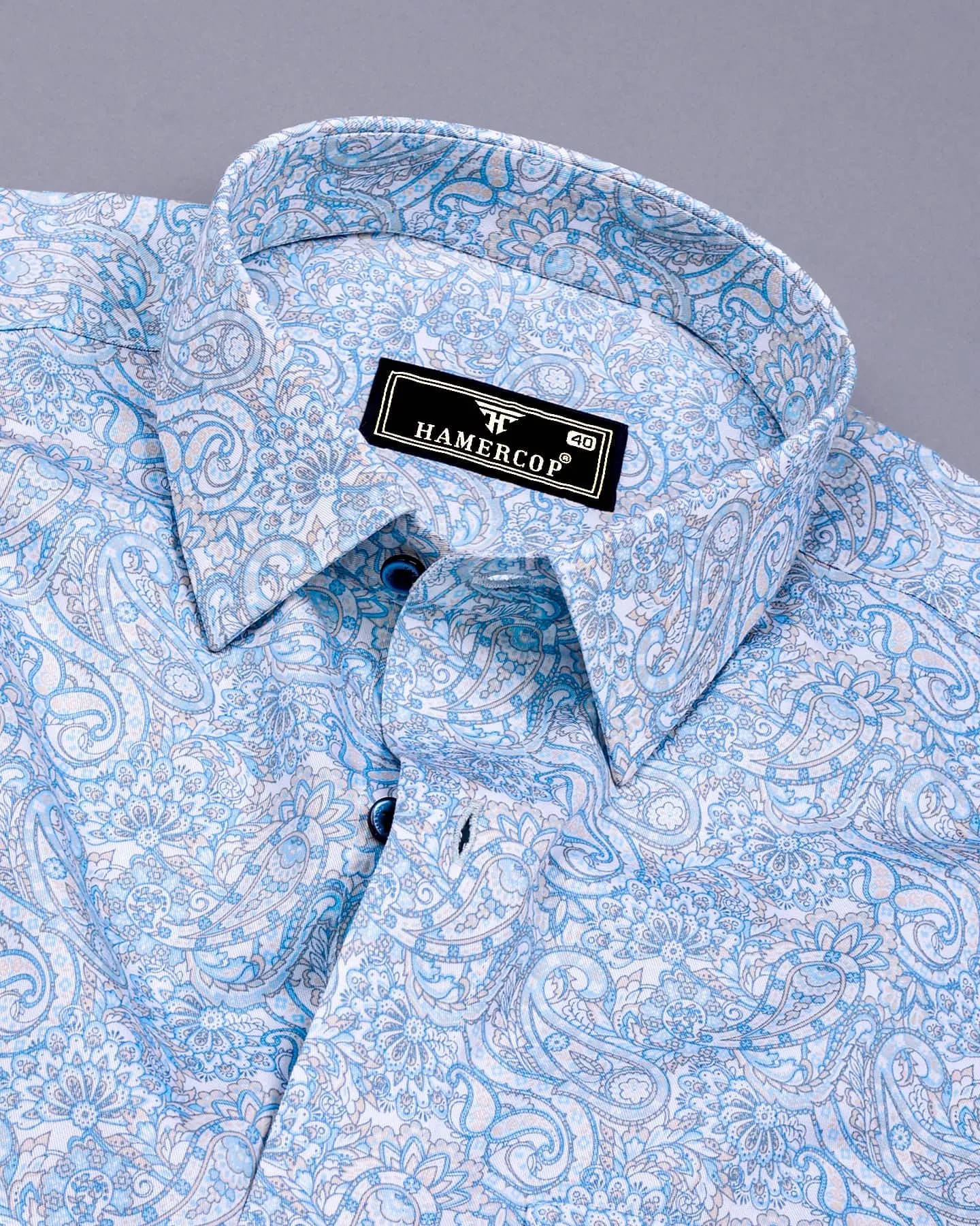 Clichy Blue With White Paisley Printed Cotton Shirt
