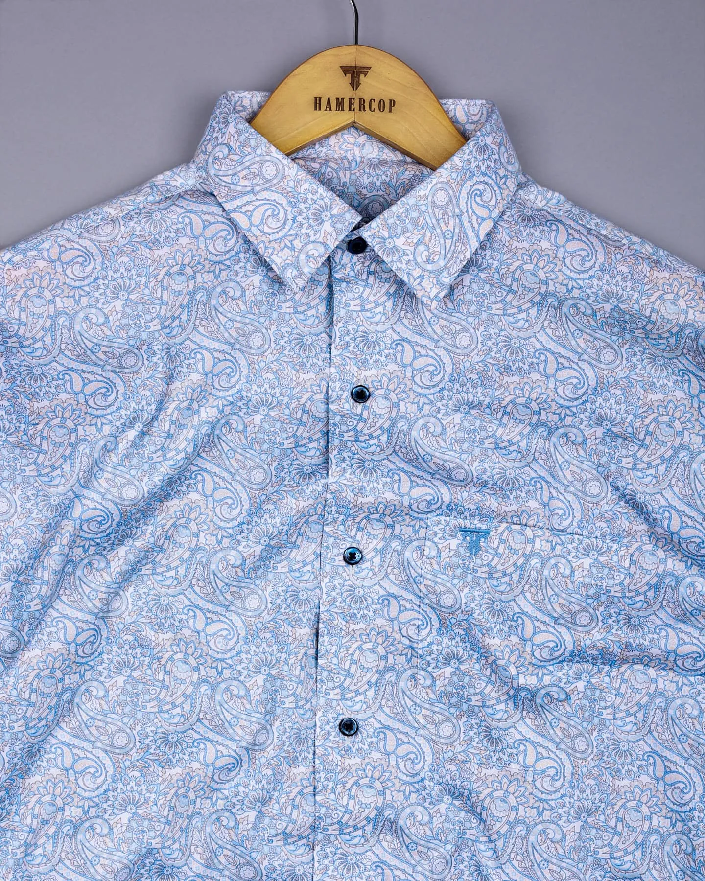 Clichy Blue With White Paisley Printed Cotton Shirt