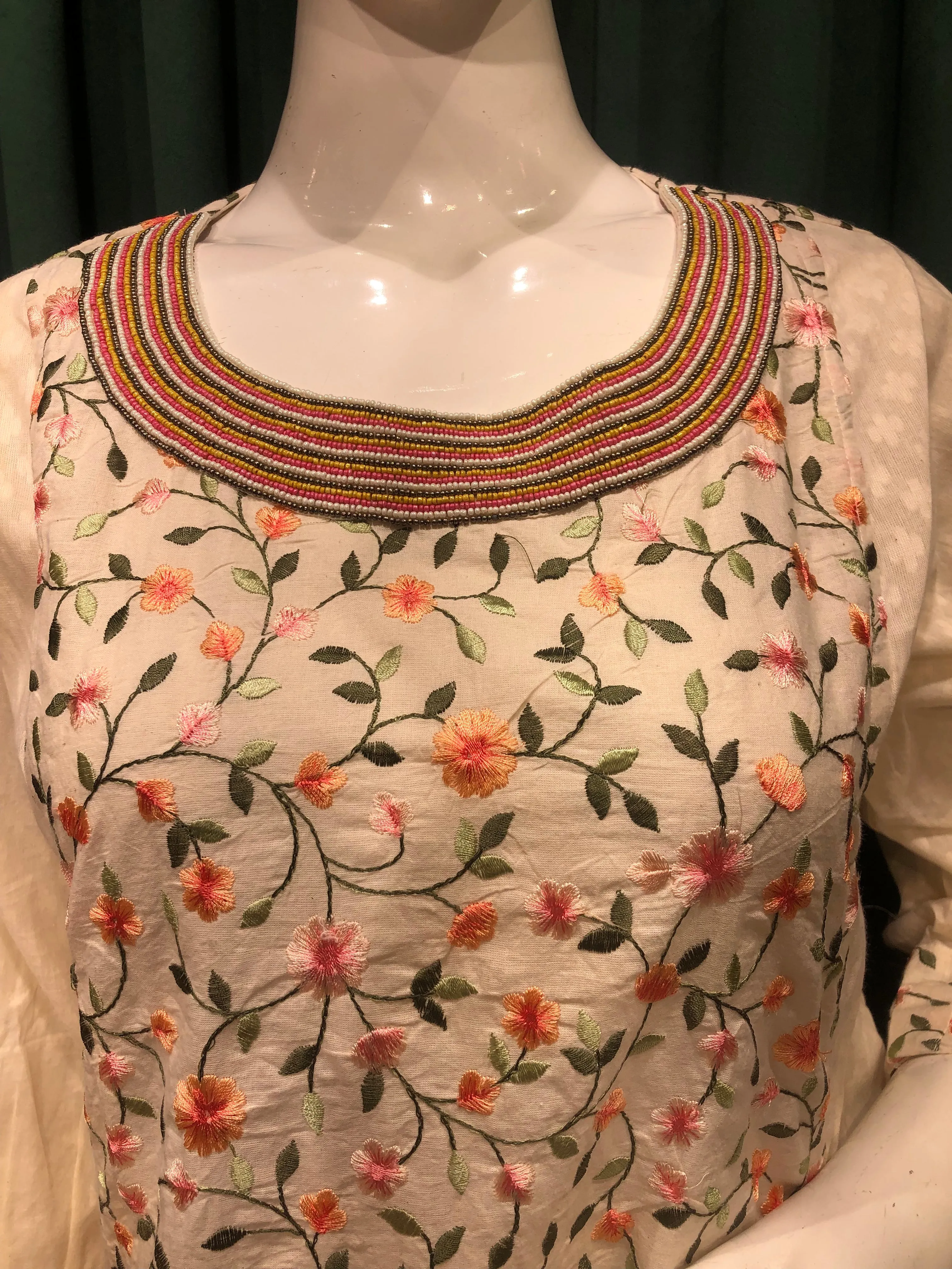 Cream Cotton Co ord Set With Multi Thread and Pearl Work