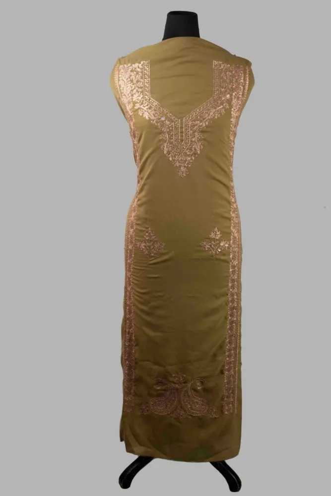 Dark Beige Colour Kashmiri Tilla Aari Work Salwar Kameez Exclusive Neckline Pattern With Embroidered Dupatta