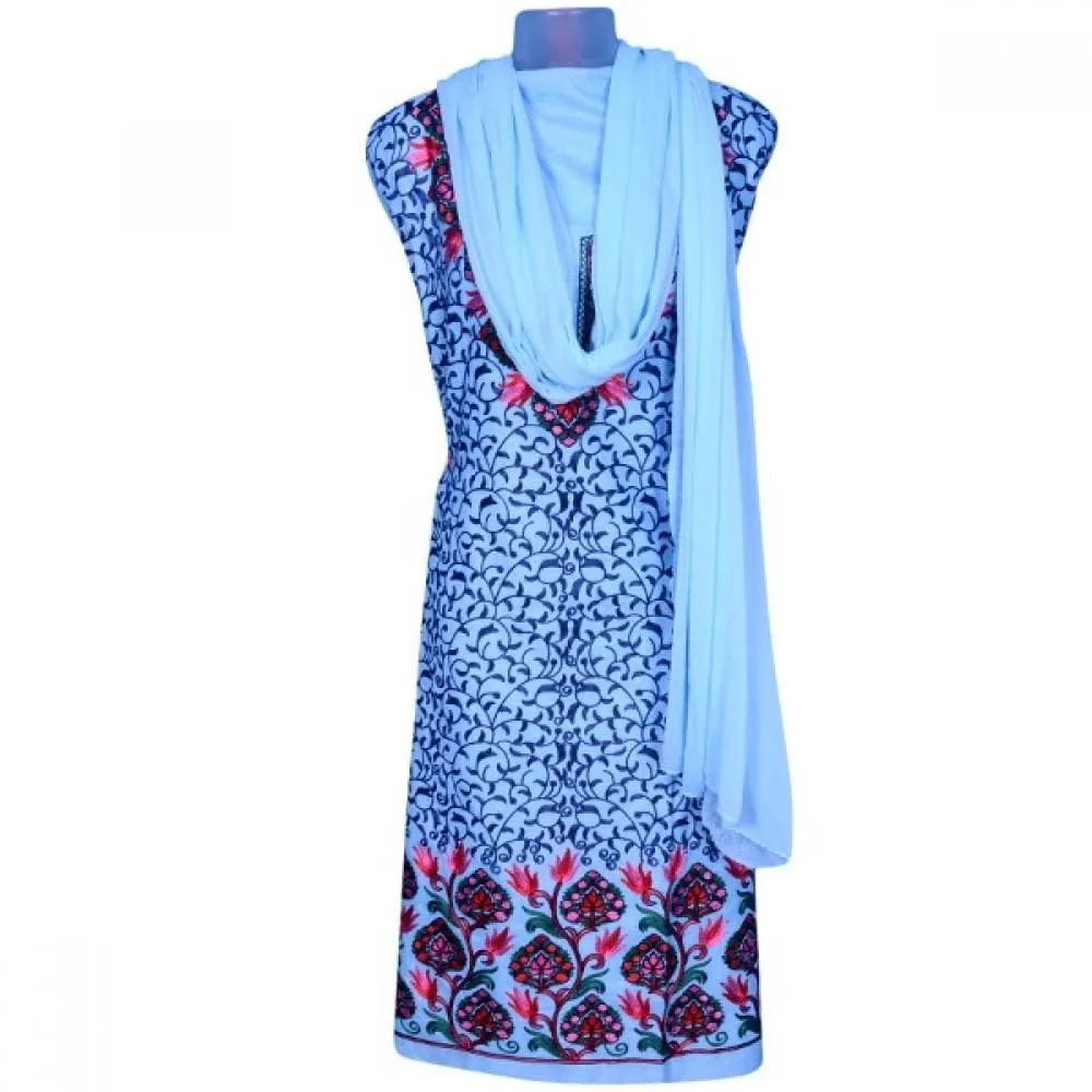 Elegant Neckline Moist Blue Colour Famous Aari Work Salwar Kameez