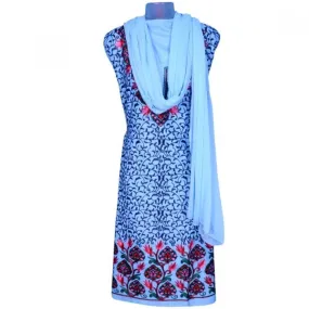 Elegant Neckline Moist Blue Colour Famous Aari Work Salwar Kameez