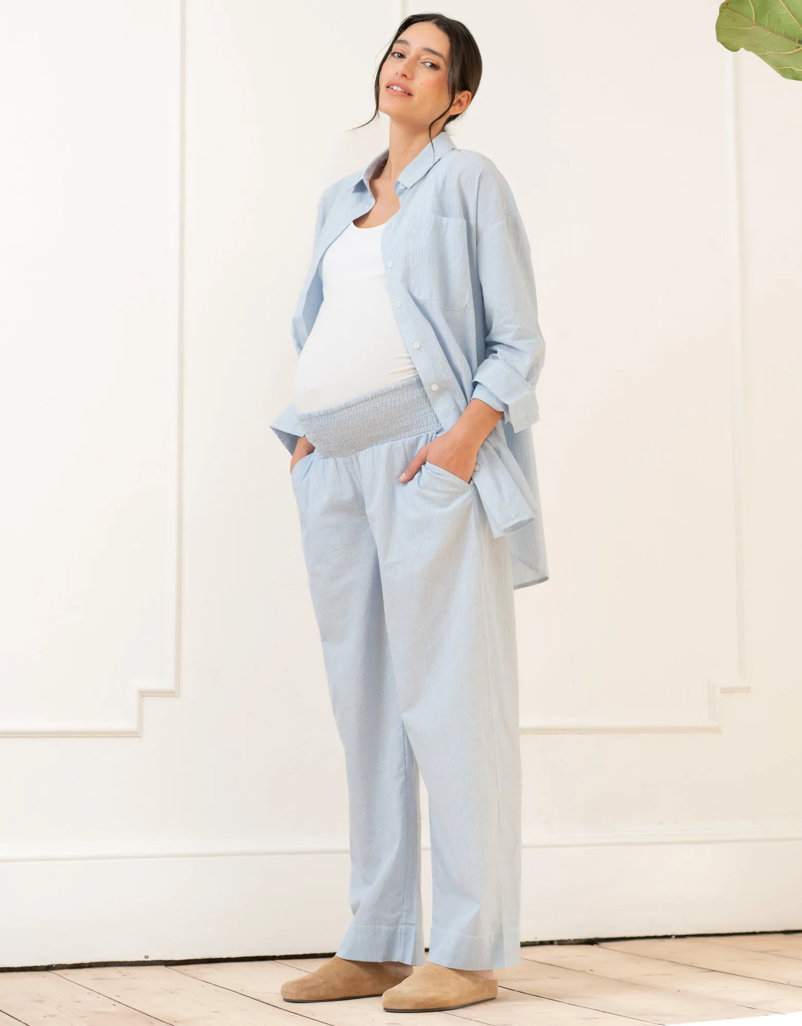 Fine Stripe Full-Length Cotton Pyjama Maternity-to-Nursing Set