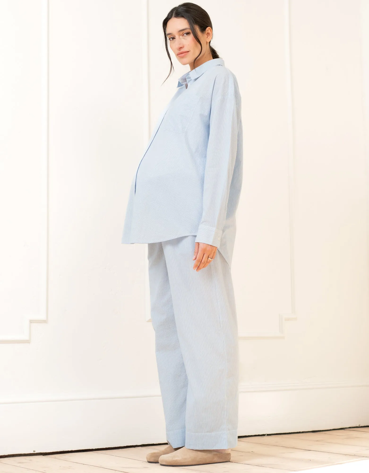 Fine Stripe Full-Length Cotton Pyjama Maternity-to-Nursing Set