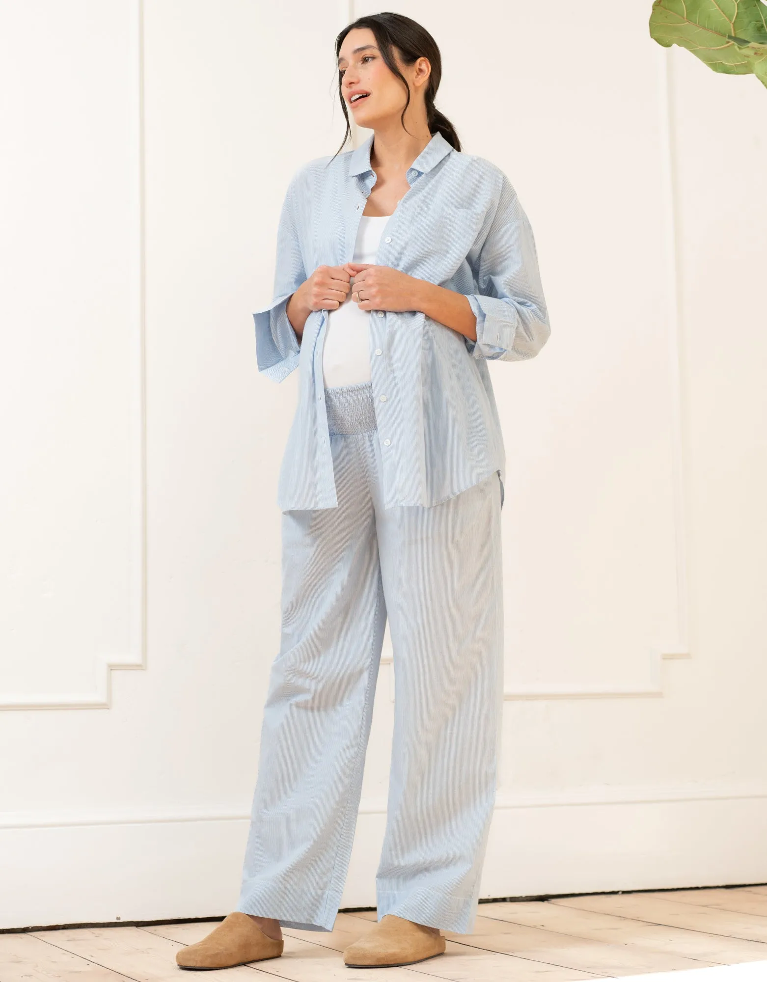 Fine Stripe Full-Length Cotton Pyjama Maternity-to-Nursing Set