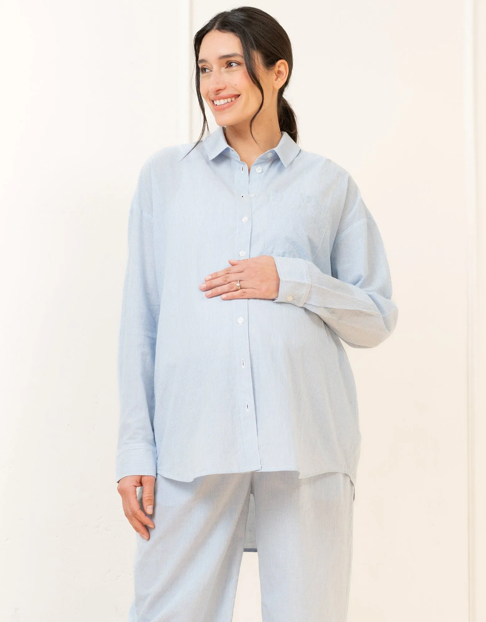 Fine Stripe Full-Length Cotton Pyjama Maternity-to-Nursing Set