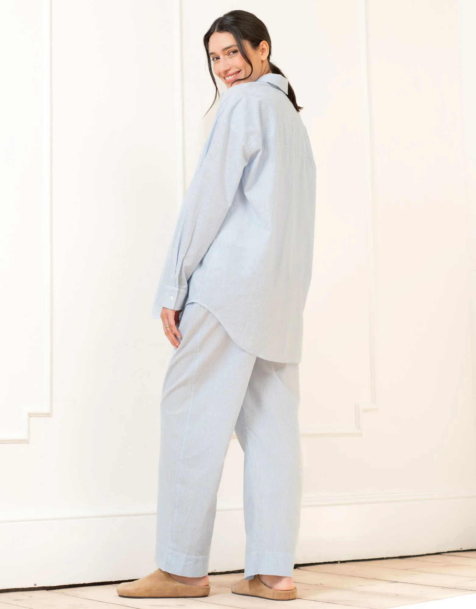 Fine Stripe Full-Length Cotton Pyjama Maternity-to-Nursing Set
