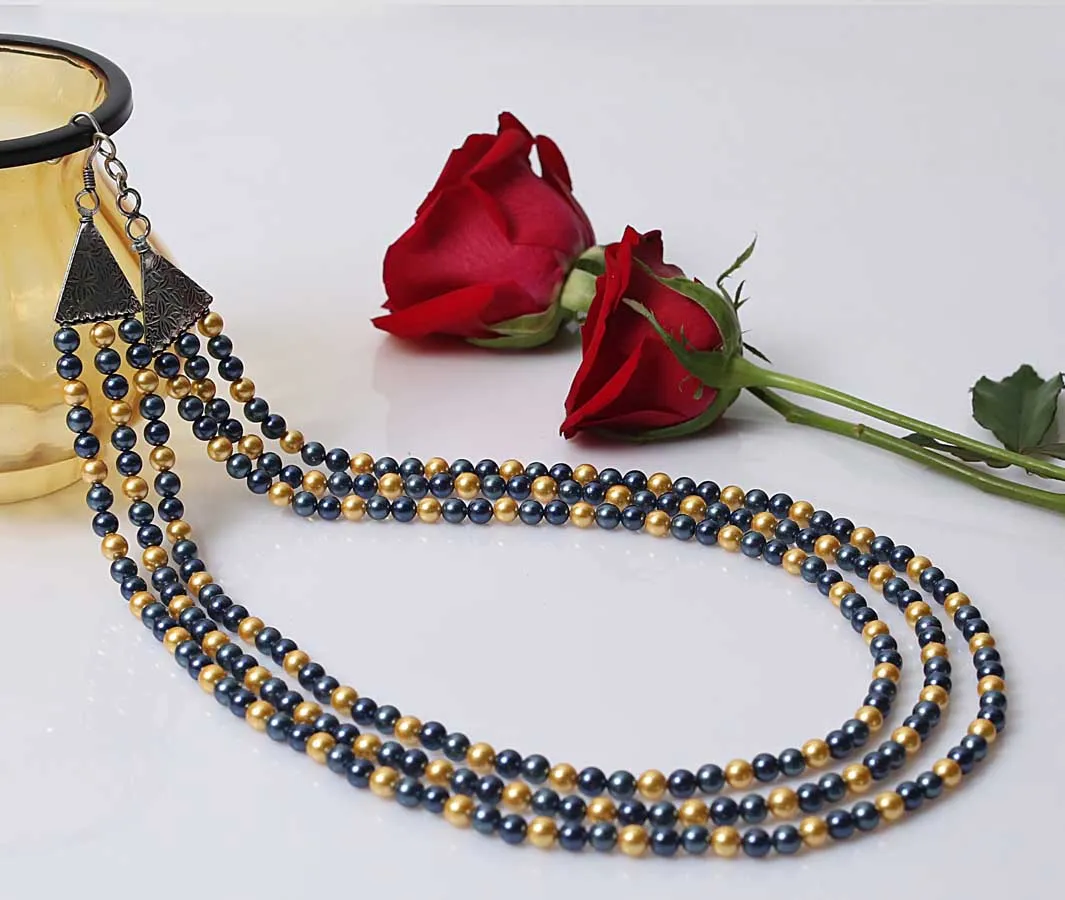 Imeora Blue Golden 6mm Tripple Line Shell Pearl Necklace