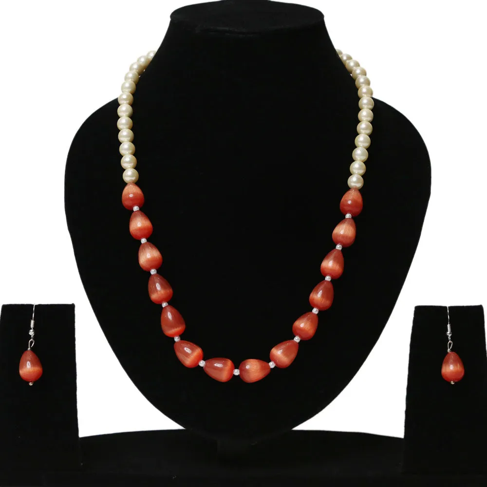 Imeora Exclusive Shell Pearl And Red Monalisa Stone Combination Necklace Set