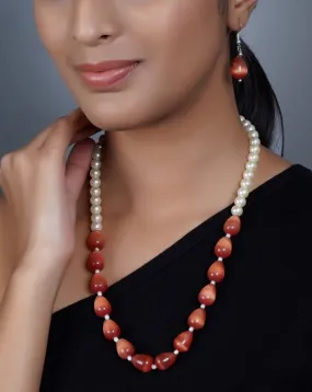 Imeora Exclusive Shell Pearl And Red Monalisa Stone Combination Necklace Set