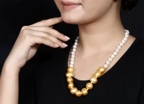 Imeora Knotted White 8mm Shell Pearl Necklace With Golden Egg Shell Pearl