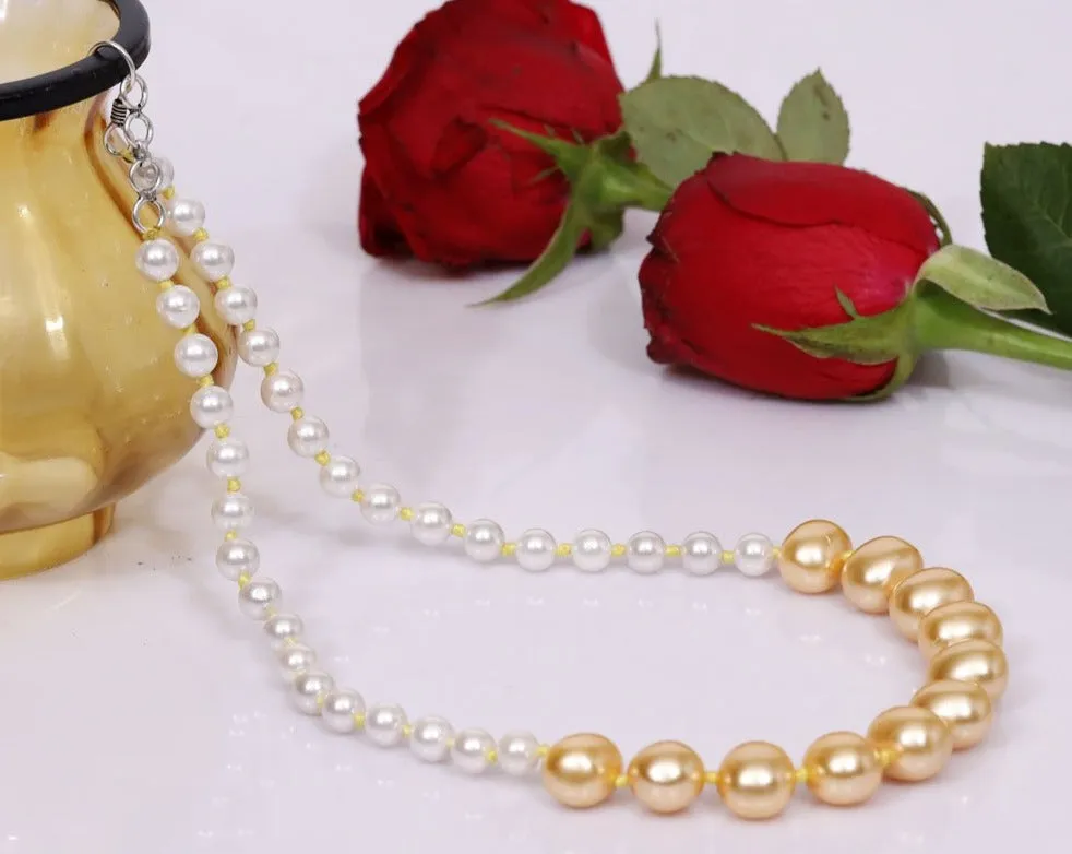 Imeora Knotted White 8mm Shell Pearl Necklace With Golden Egg Shell Pearl