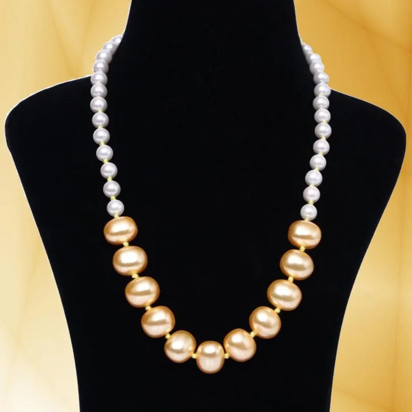 Imeora Knotted White 8mm Shell Pearl Necklace With Golden Egg Shell Pearl