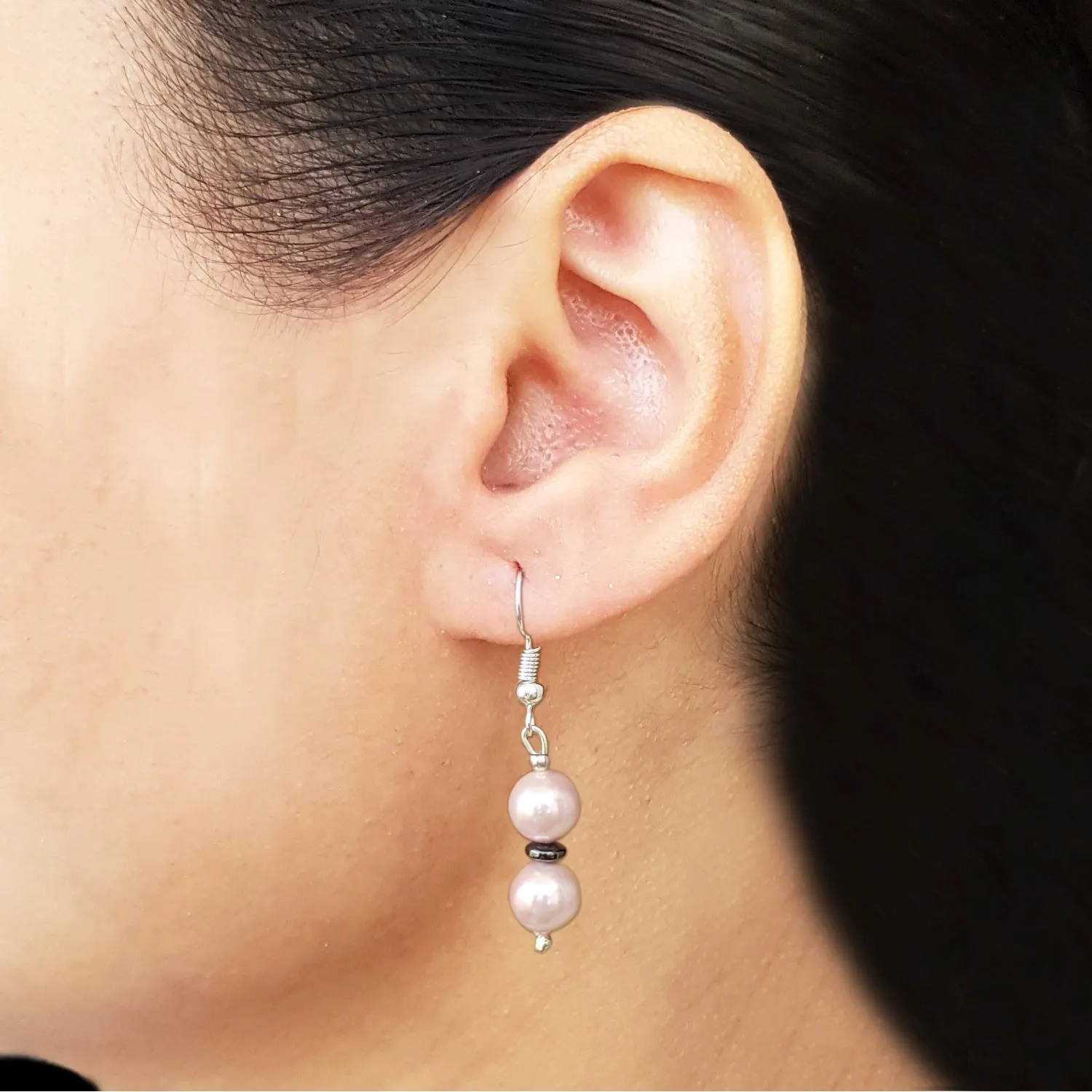 Imeora Pink 8mm Shell Pearl Earrings With Natural Hematite