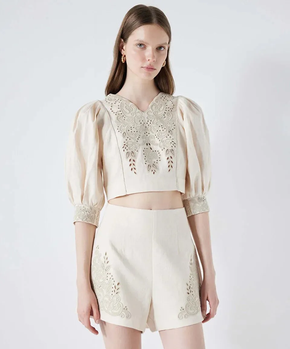 Ipekyol Embroidered Linen Shorts Natural