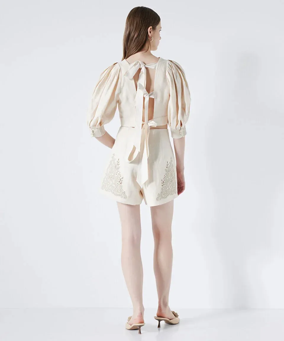 Ipekyol Embroidered Linen Shorts Natural