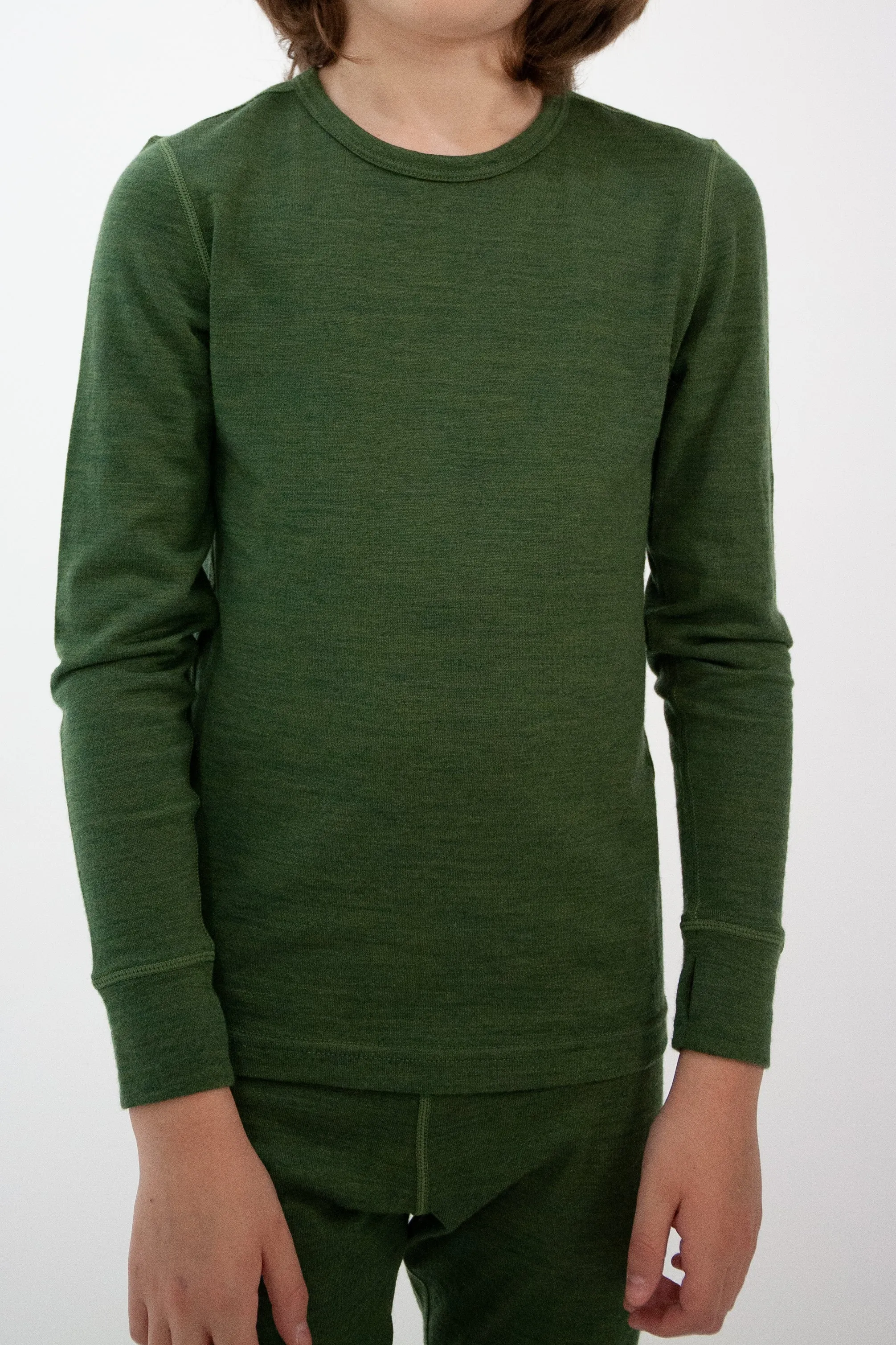 Kids' Merino Wool Base Layer, Moss Green