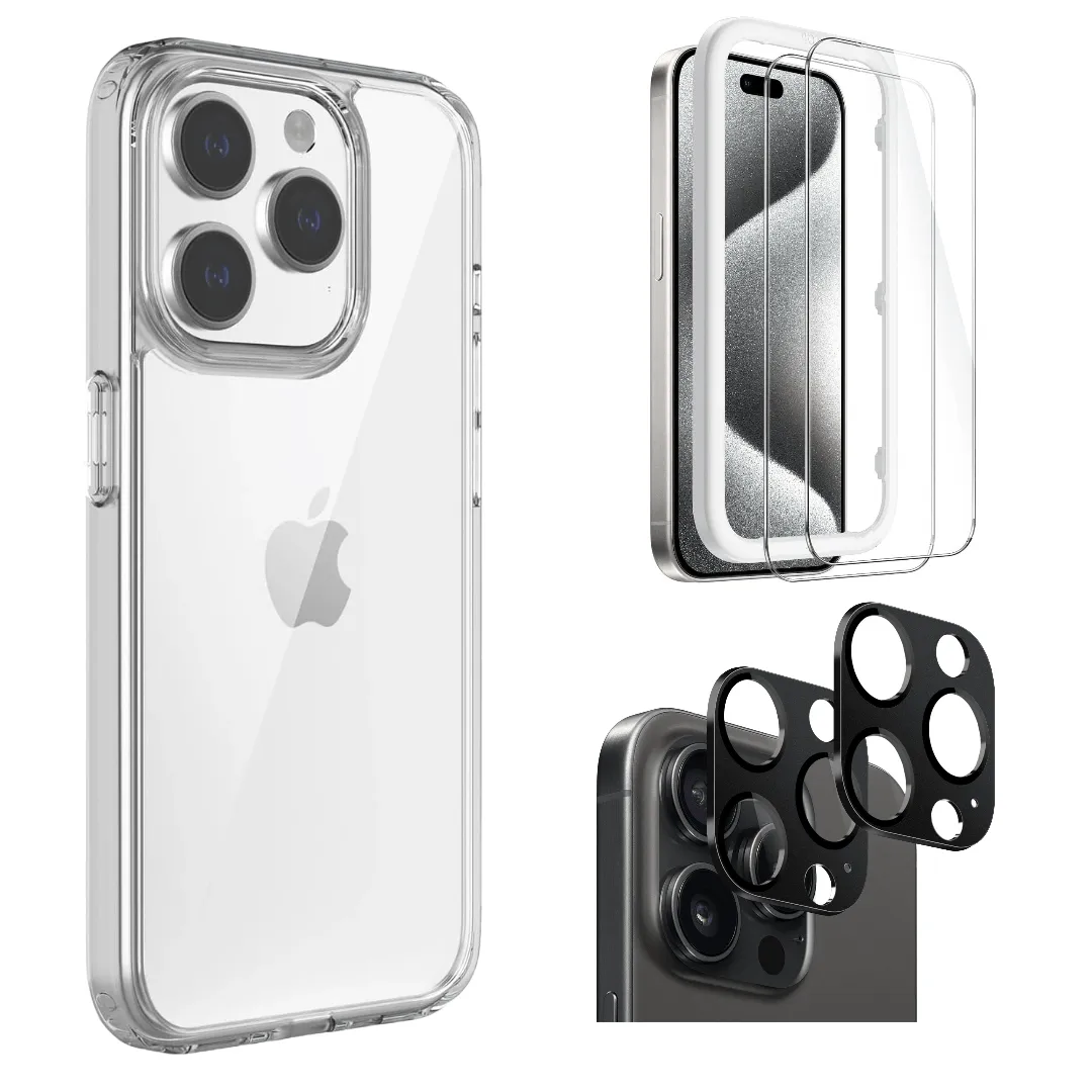 Protection Kit Bundle: Hybrid-Flex Hard Shell Case with Tempered Glass Screen and Camera Protector - iPhone 15 Pro