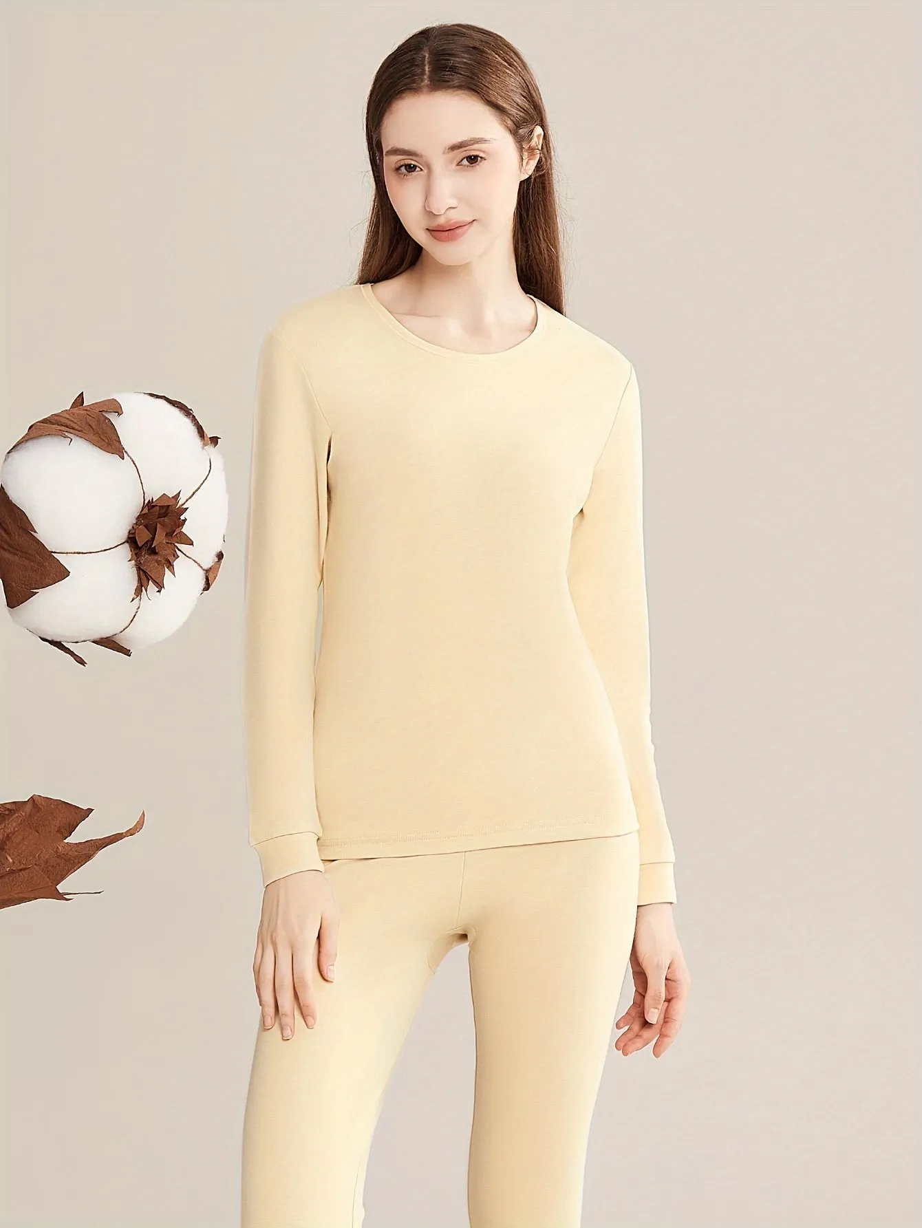 Solid Thermal Underwear Set For Fall & Winter, Long Sleeve Crew Neck Tops & Pants, Women's Loungewear & Underwear