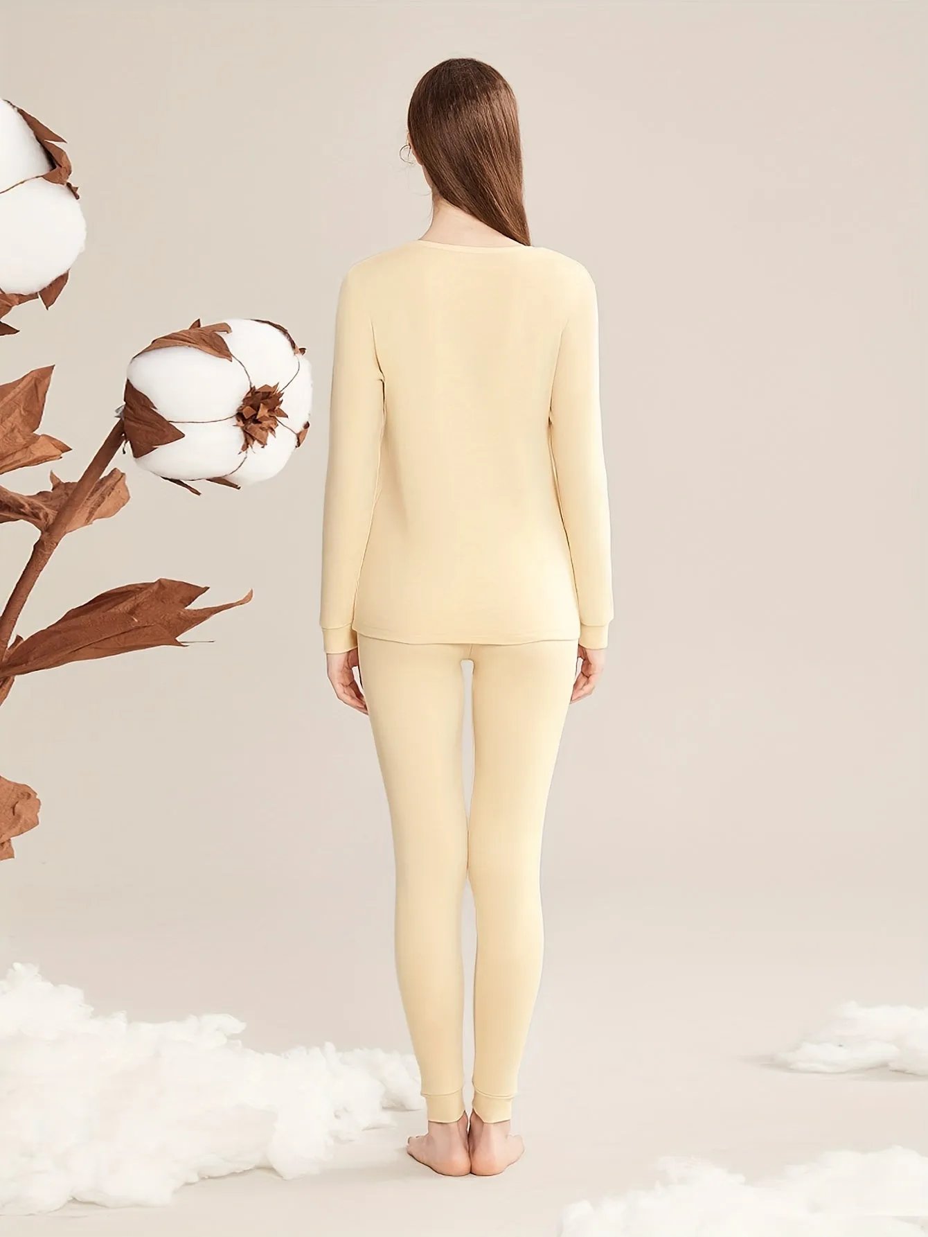Solid Thermal Underwear Set For Fall & Winter, Long Sleeve Crew Neck Tops & Pants, Women's Loungewear & Underwear