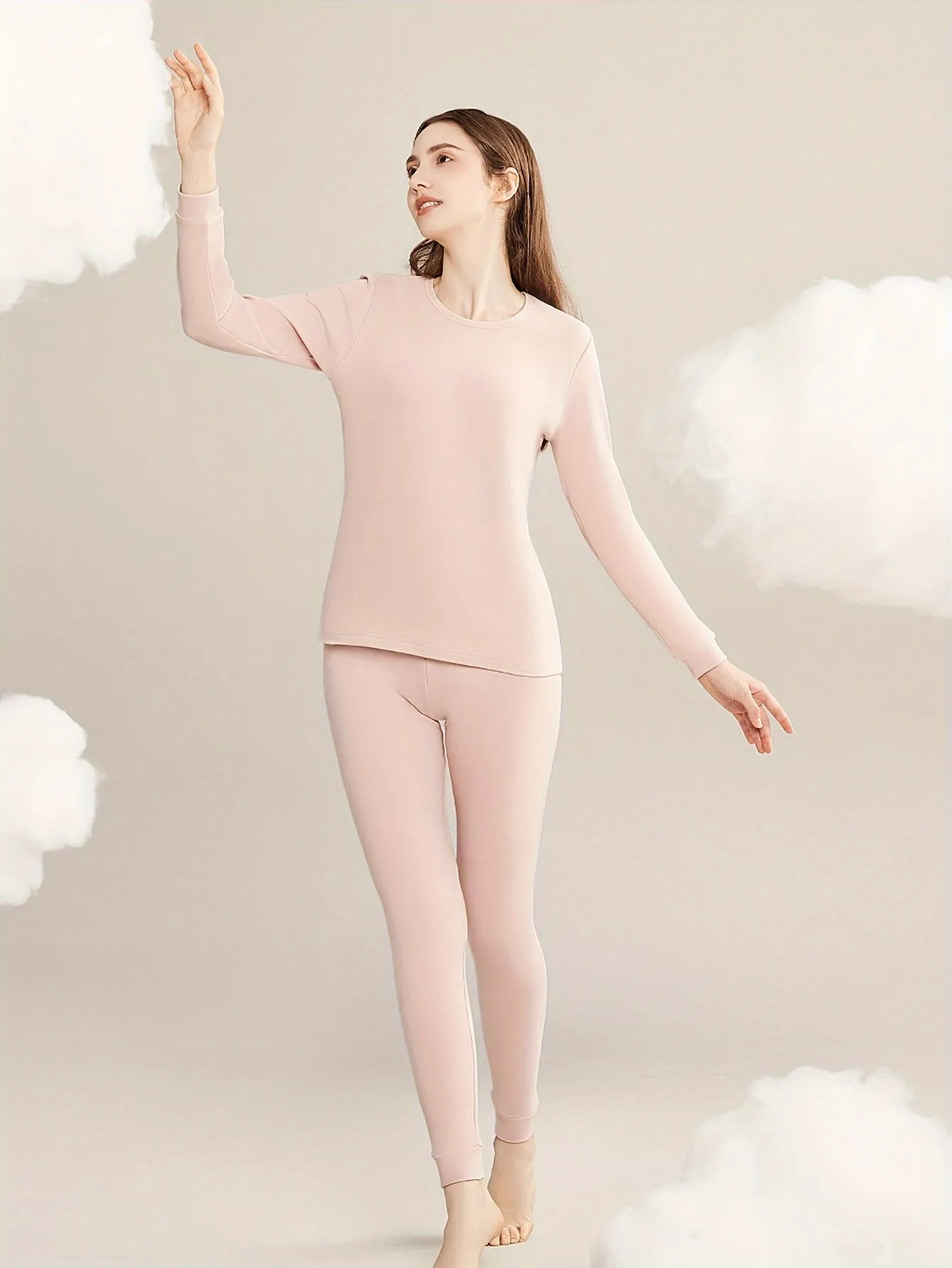Solid Thermal Underwear Set For Fall & Winter, Long Sleeve Crew Neck Tops & Pants, Women's Loungewear & Underwear