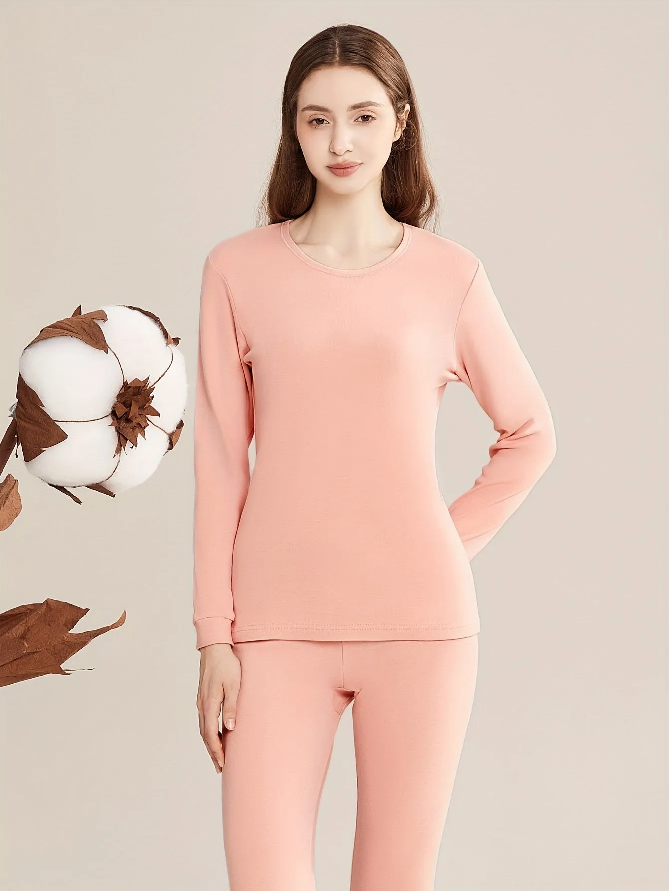 Solid Thermal Underwear Set For Fall & Winter, Long Sleeve Crew Neck Tops & Pants, Women's Loungewear & Underwear