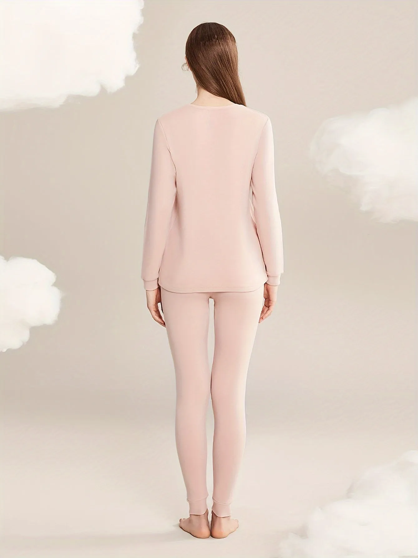 Solid Thermal Underwear Set For Fall & Winter, Long Sleeve Crew Neck Tops & Pants, Women's Loungewear & Underwear