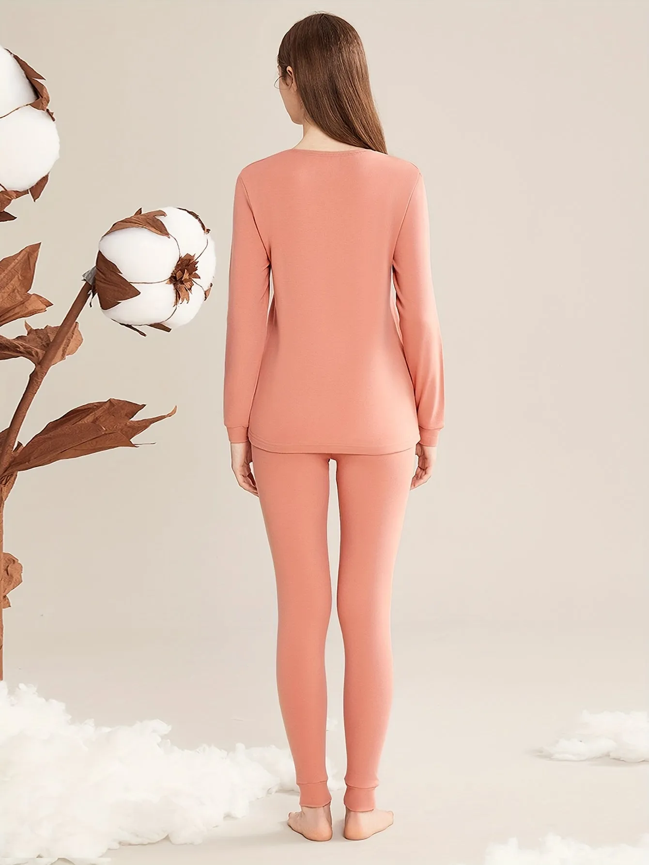 Solid Thermal Underwear Set For Fall & Winter, Long Sleeve Crew Neck Tops & Pants, Women's Loungewear & Underwear