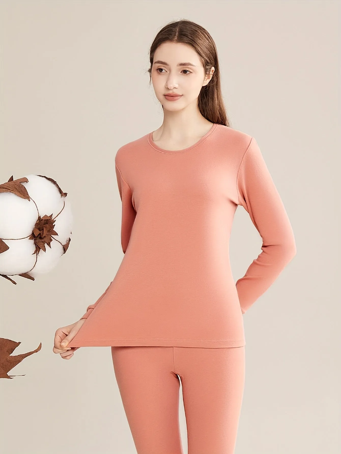 Solid Thermal Underwear Set For Fall & Winter, Long Sleeve Crew Neck Tops & Pants, Women's Loungewear & Underwear