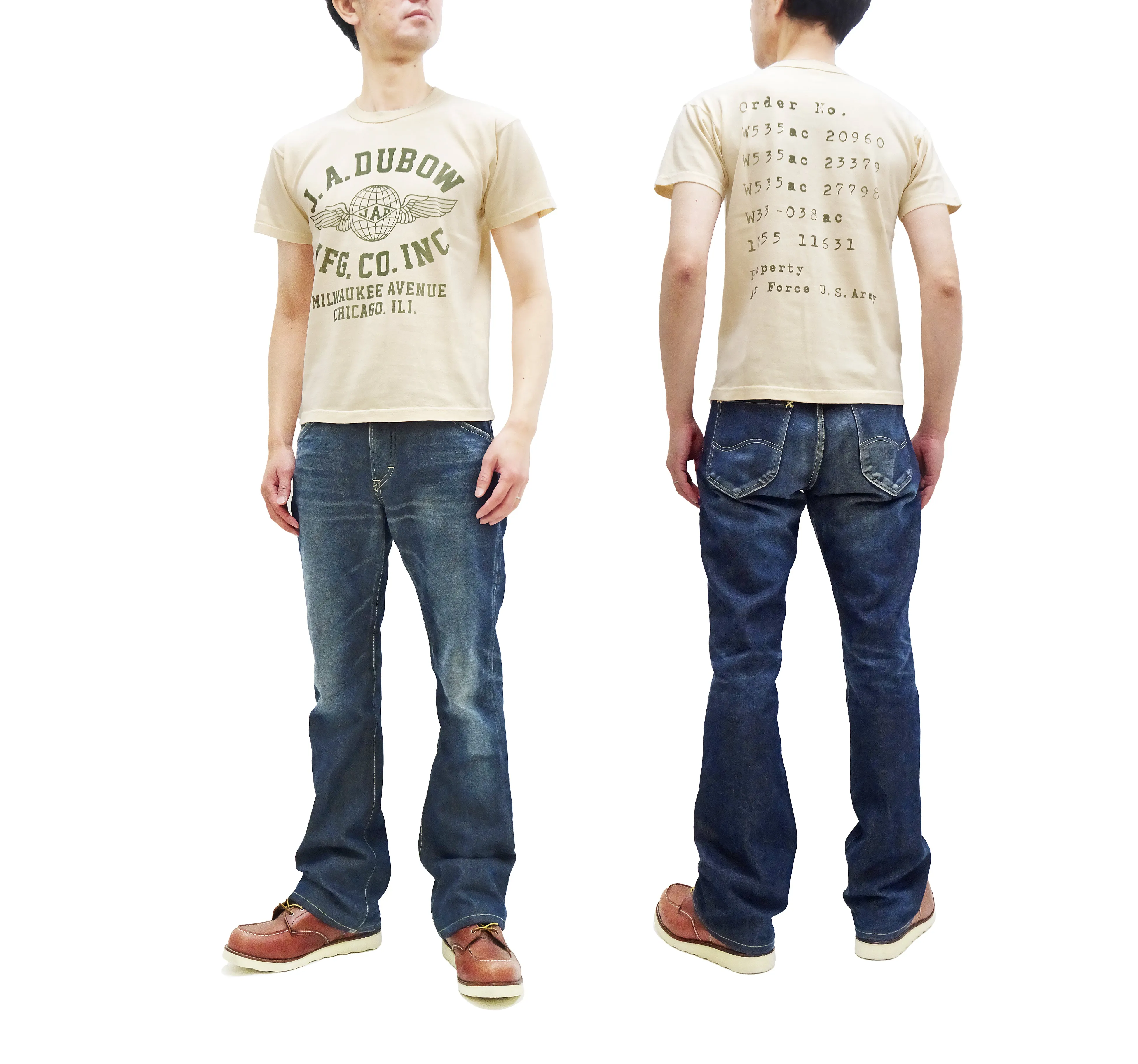 TOYS McCOY T-Shirt Men's J.A. Dubow Mfg Co. Logo Military Graphic Garment-Dyed Heavyweight Short Sleeve Loopwheel Tee TMC2346 040 Ecru