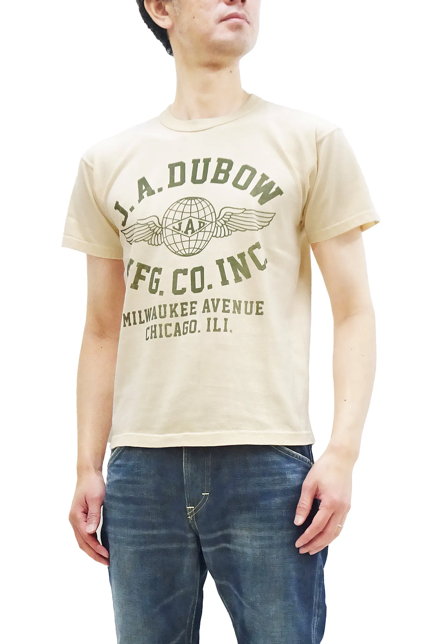 TOYS McCOY T-Shirt Men's J.A. Dubow Mfg Co. Logo Military Graphic Garment-Dyed Heavyweight Short Sleeve Loopwheel Tee TMC2346 040 Ecru