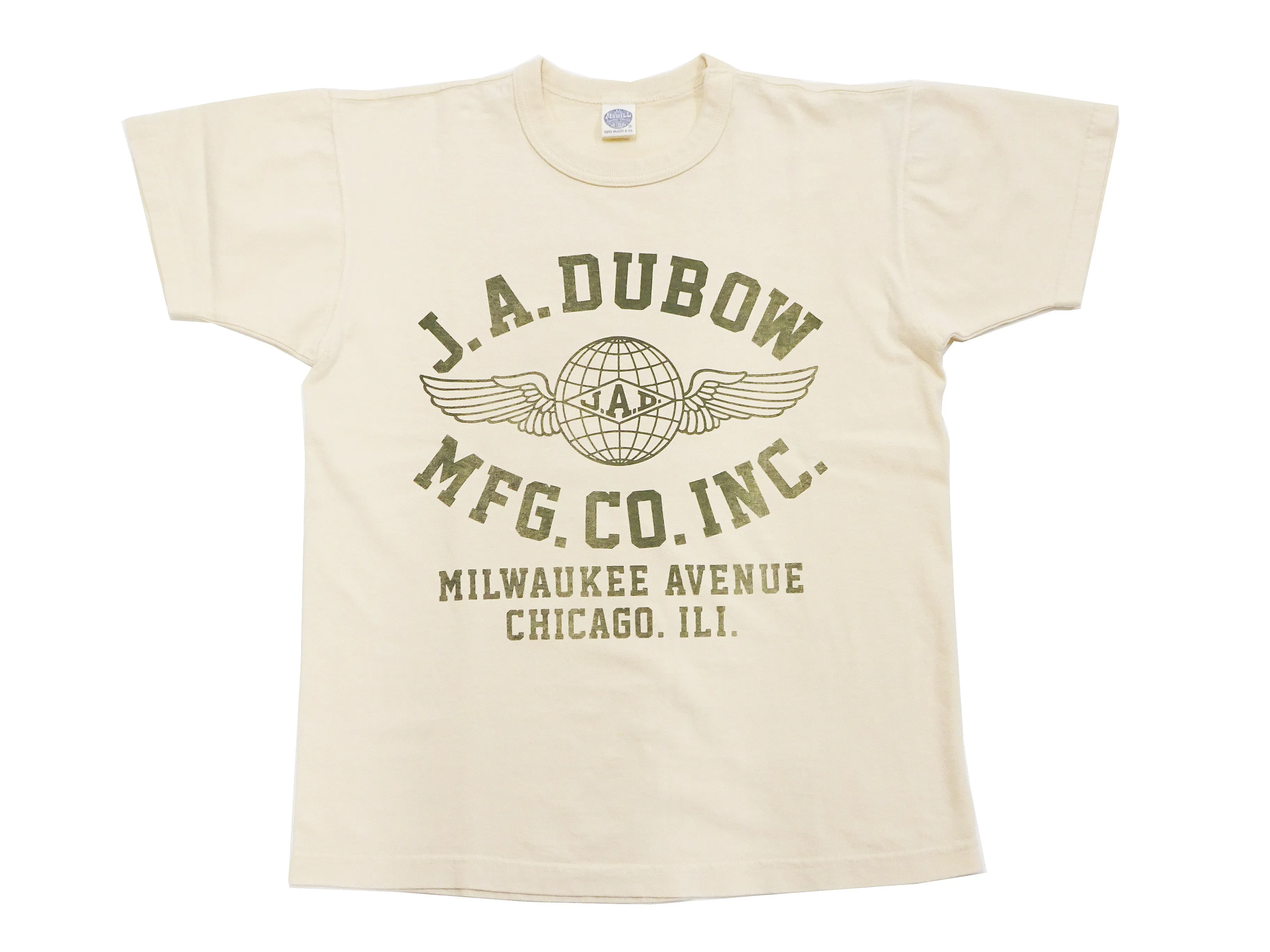 TOYS McCOY T-Shirt Men's J.A. Dubow Mfg Co. Logo Military Graphic Garment-Dyed Heavyweight Short Sleeve Loopwheel Tee TMC2346 040 Ecru