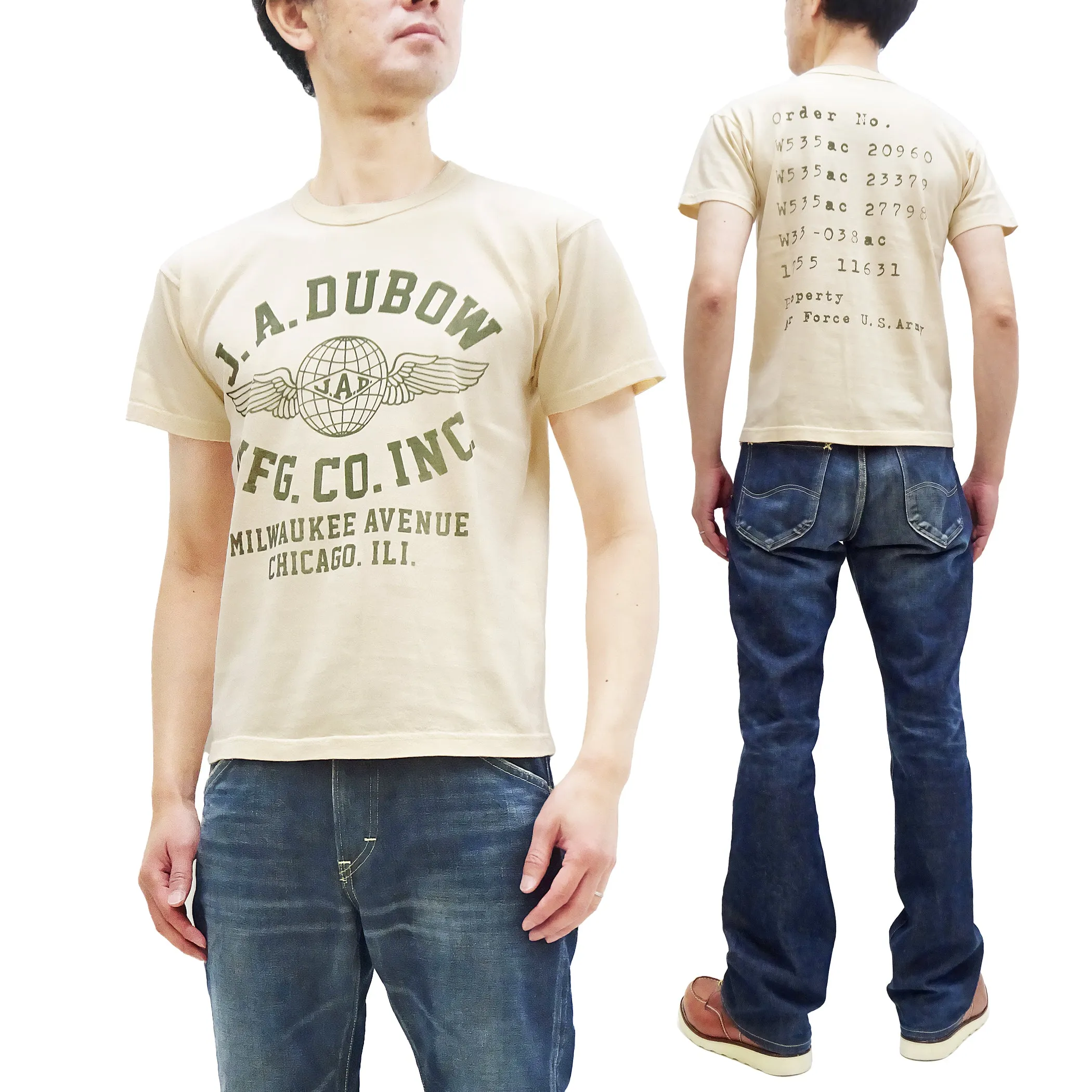 TOYS McCOY T-Shirt Men's J.A. Dubow Mfg Co. Logo Military Graphic Garment-Dyed Heavyweight Short Sleeve Loopwheel Tee TMC2346 040 Ecru
