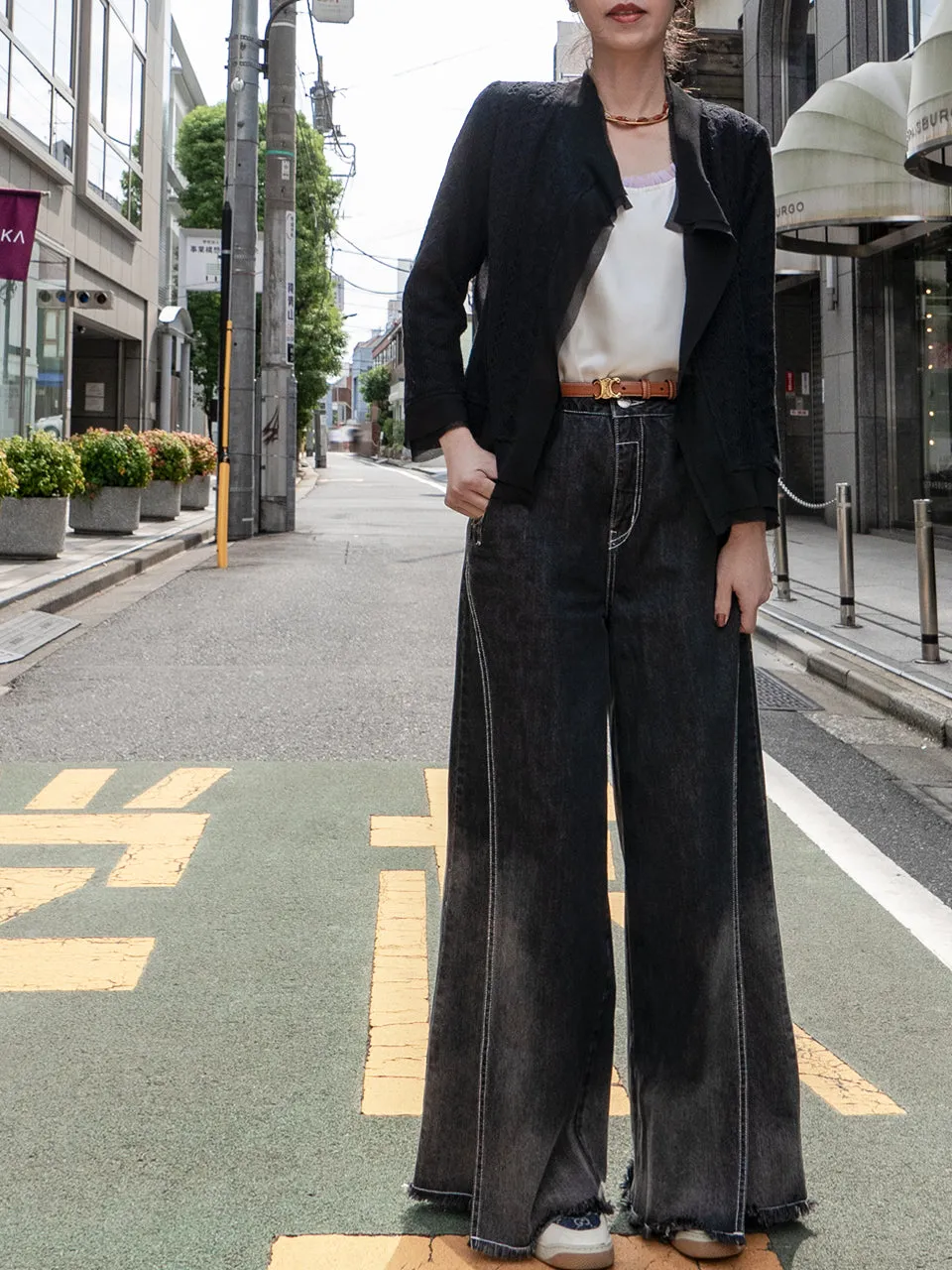 Washed Black Extra Wide Leg Flowy Logo Embroidery Jeans