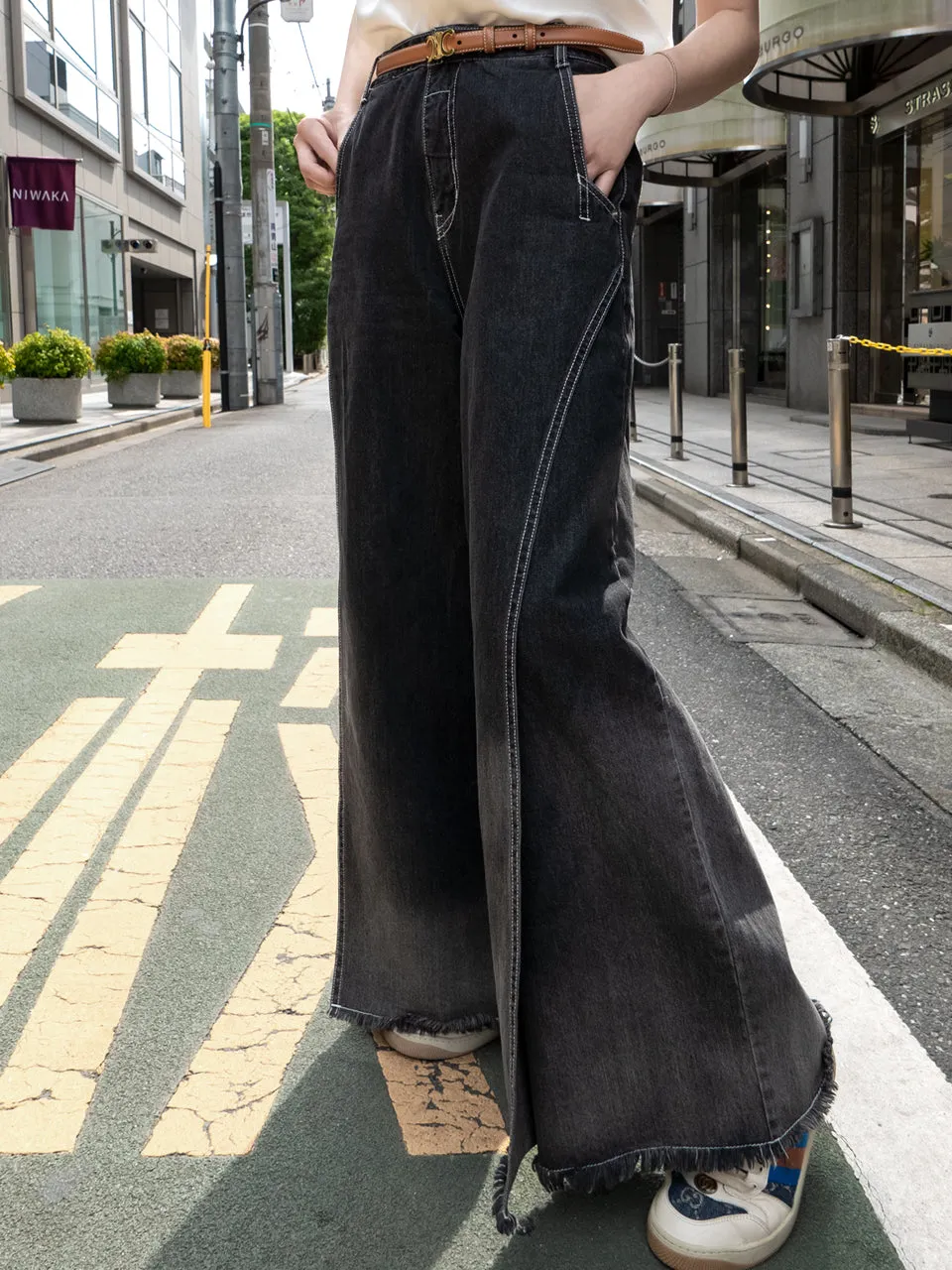 Washed Black Extra Wide Leg Flowy Logo Embroidery Jeans